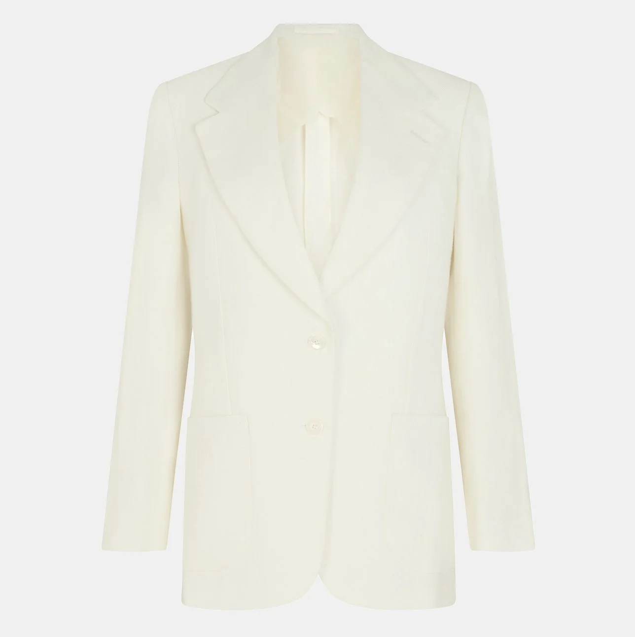White Irish Linen single breasted blazer with a notched lapel collar, two front buttons and two patch pockets, displayed against a plain background.