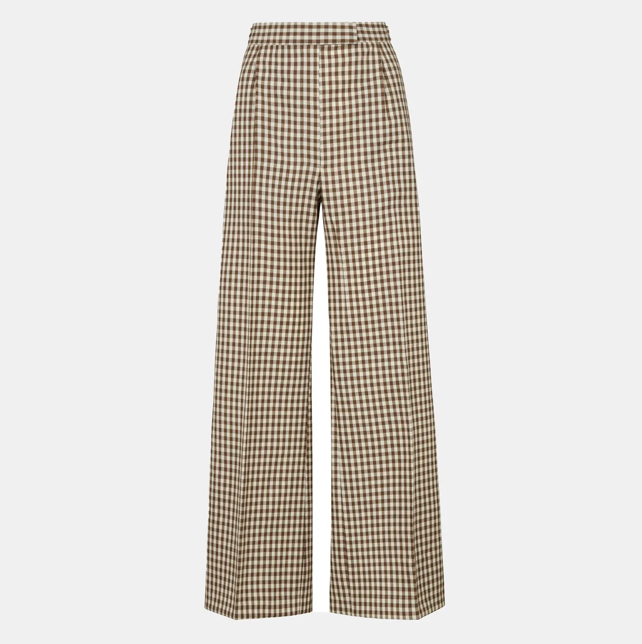 Banshee of Savile Row bespoke women's tailoring showing a pair of brown check palazzo pants, displayed on a white background.