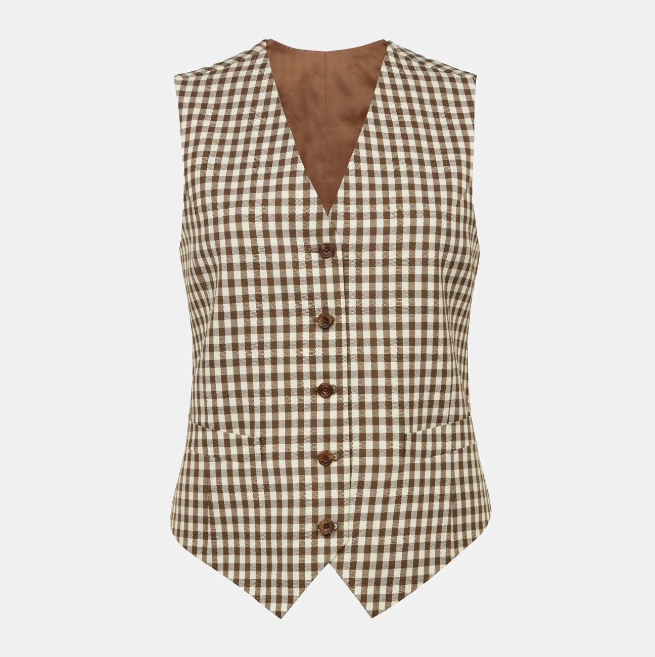 Banshee of Savile Row bespoke women's tailoring showing a brown check waistcoat with five buttons.