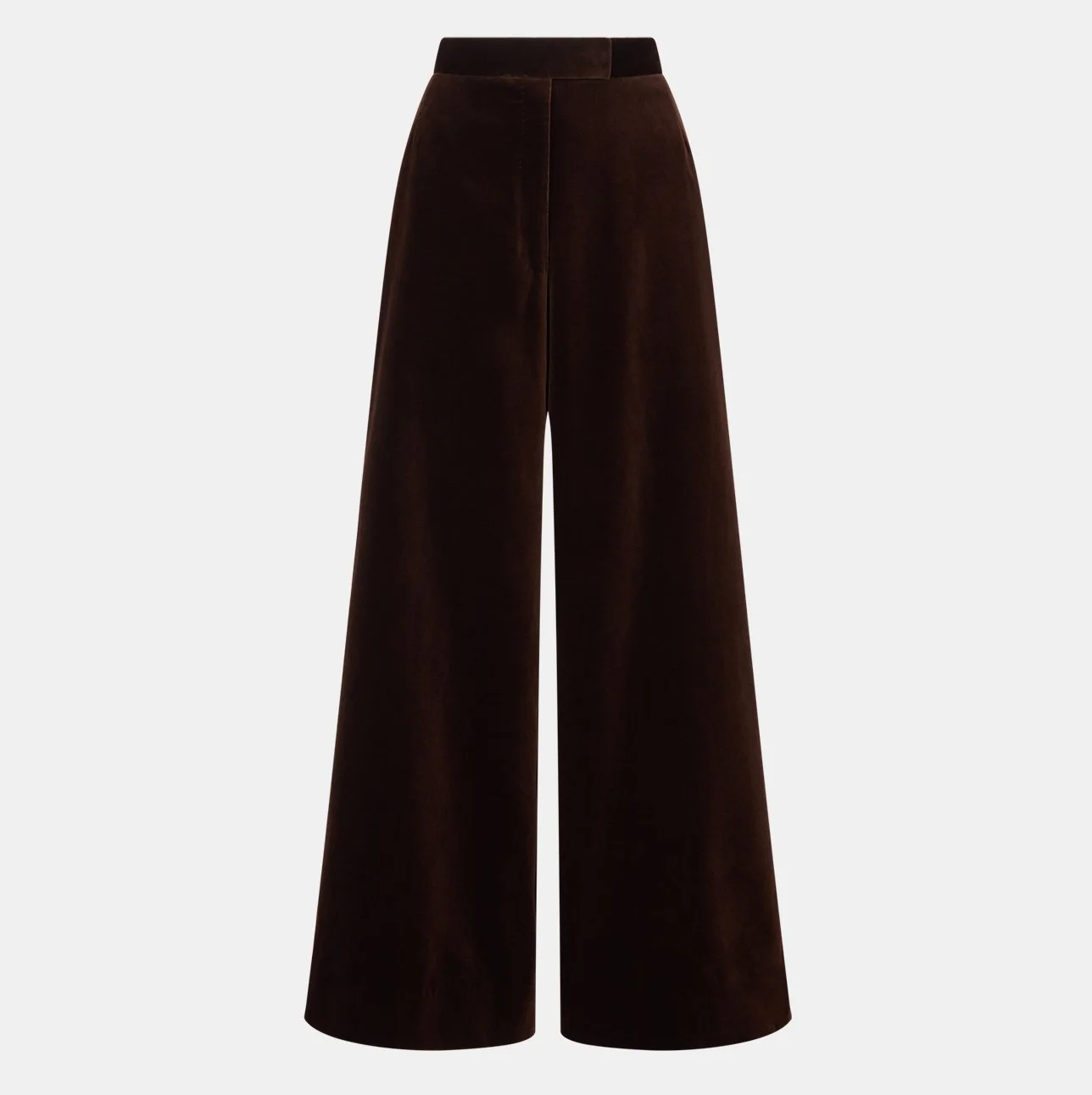 Banshee of Savile Row bespoke women's tailoring showing a pair of brown velvet palazzo pants, displayed on a white background.