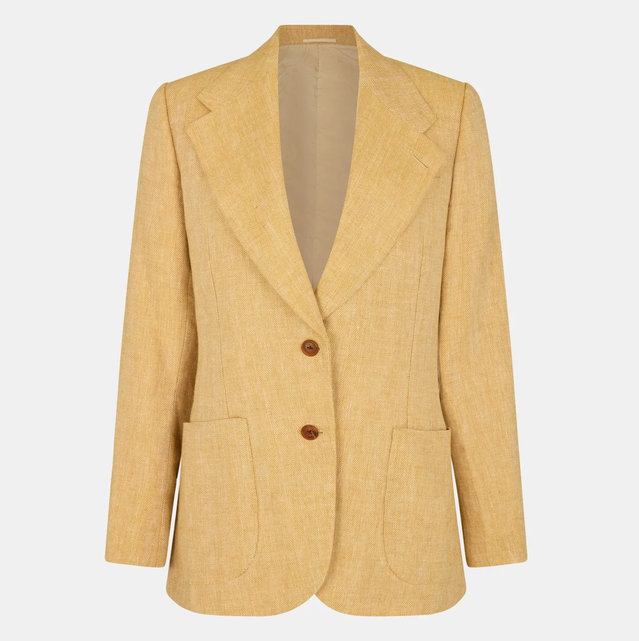 Honey Irish Linen single breasted blazer with a notched lapel collar, two front buttons and two patch pockets, displayed against a plain background.