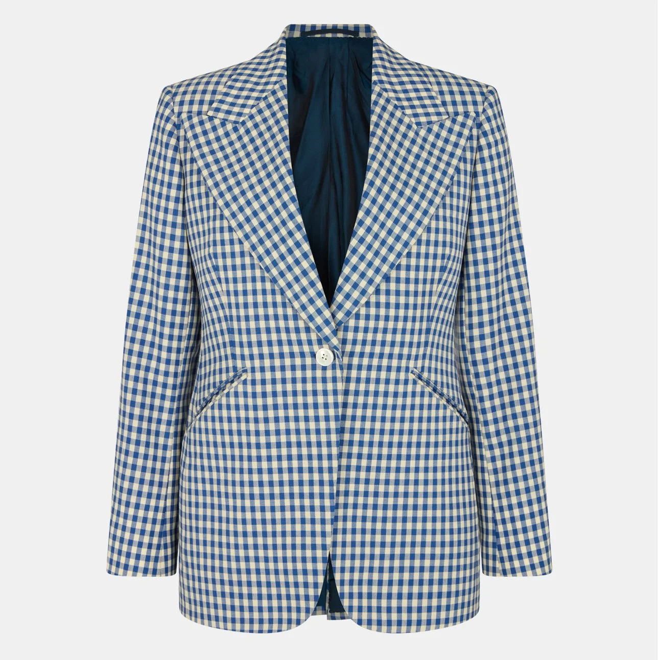 Blue gingham checked single breasted blazer with a peaked lapel collar, single front button and two slant pockets, displayed against a plain background.