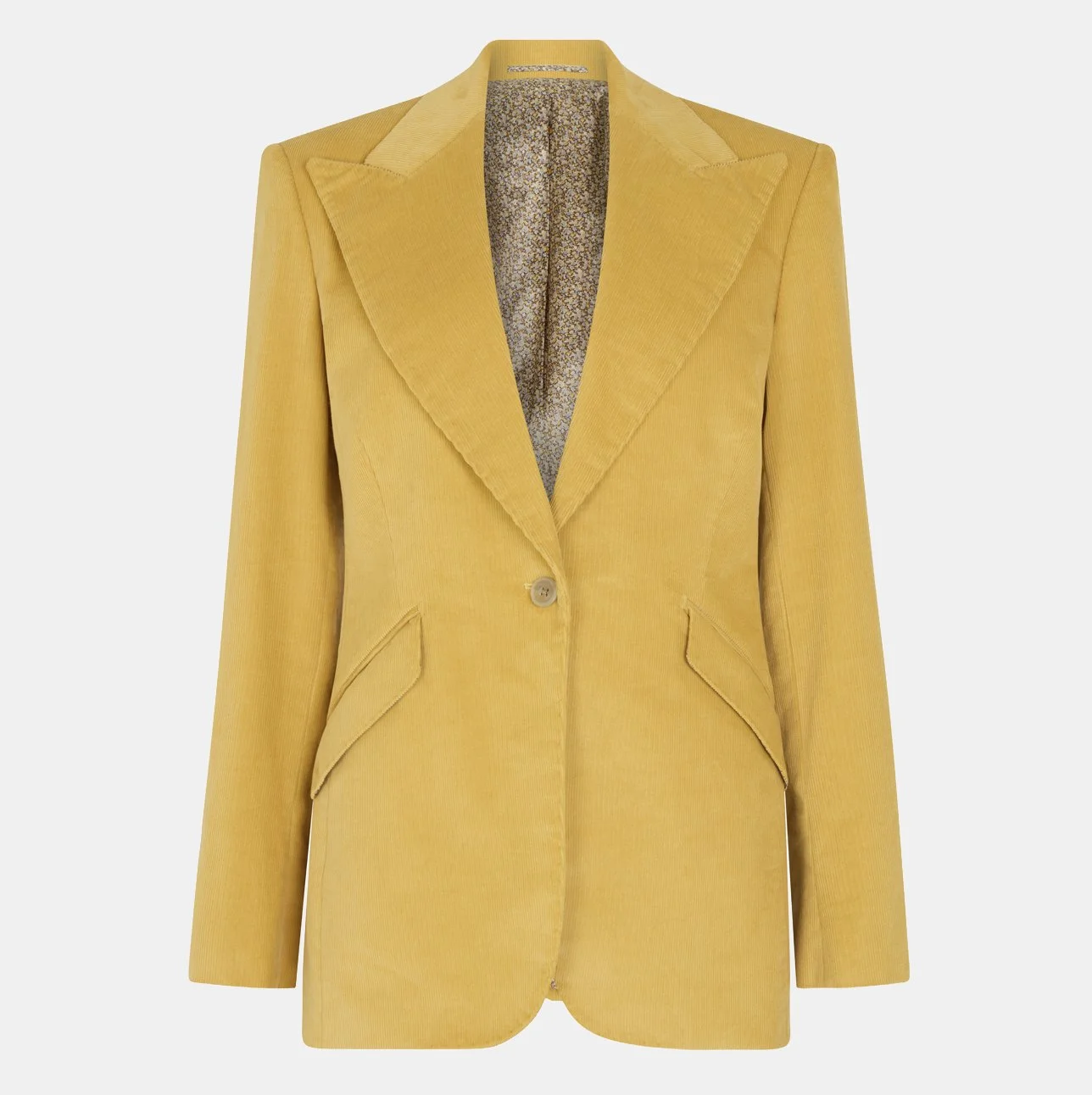 Yellow corduroy single breasted blazer with a peaked lapel collar, single front button and two slant flap pockets, displayed against a plain background.