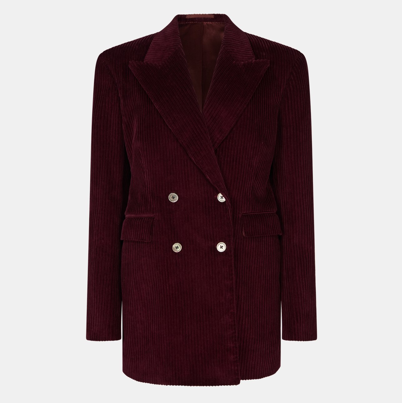 Banshee of Savile Row bespoke women's tailoring showing a double breasted plum corduroy jacket dress with lapel collar and four buttons, displayed on a white background.