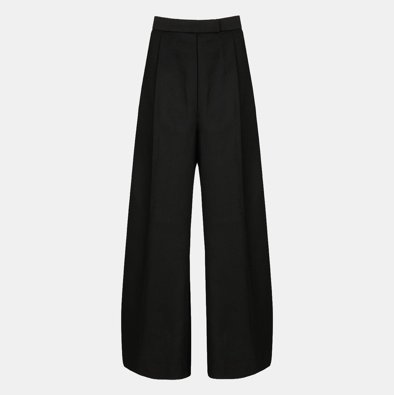 Banshee of Savile Row bespoke women's tailoring showing a pair of black wool palazzo pants, displayed on a white background.