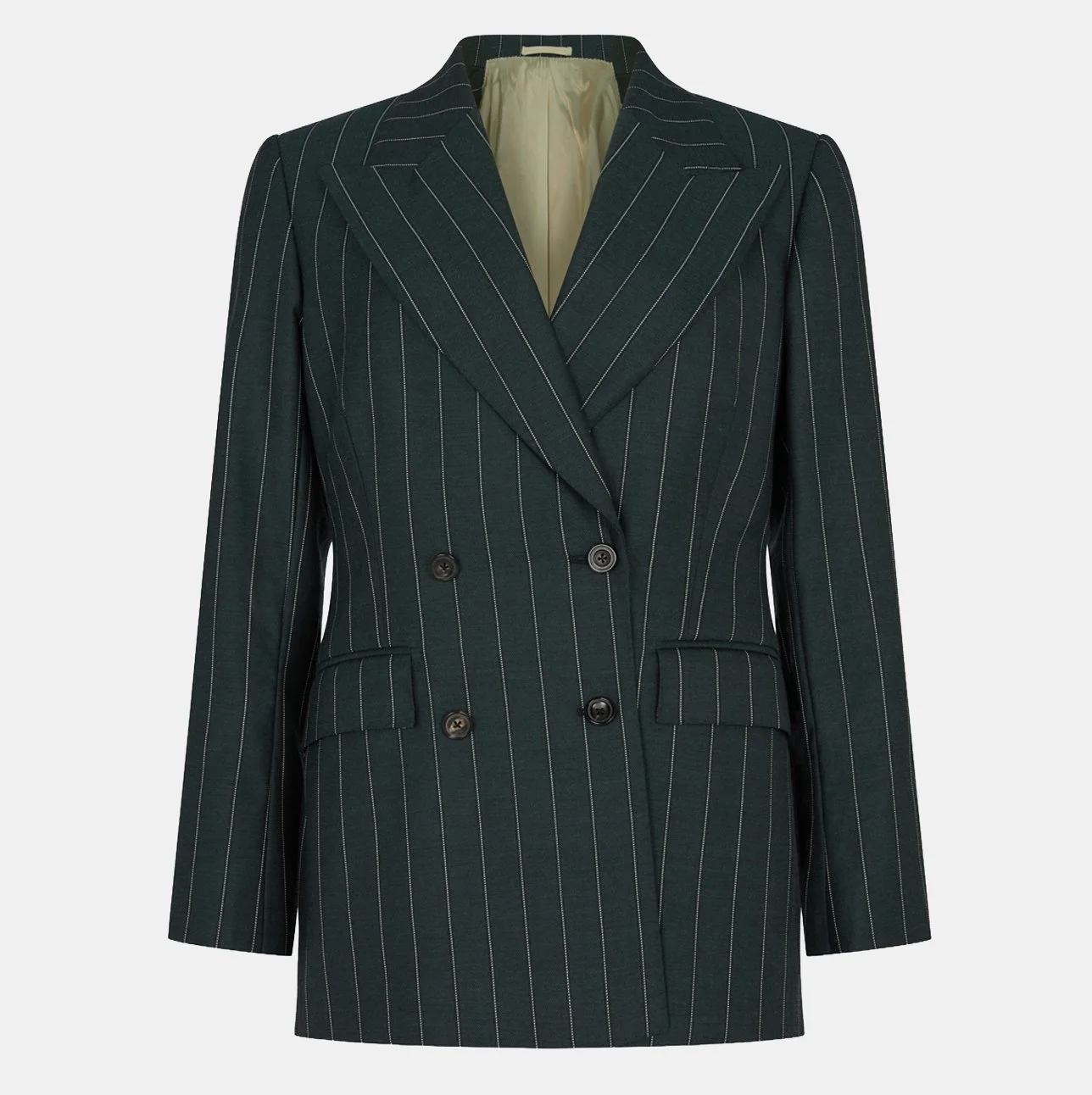 Grey and green striped double breasted blazer with a peaked lapel collar, four front buttons and two flap pockets, displayed against a plain background.