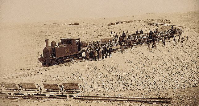 Photo displayed in an exhibition to commemorate 100th year of Hejaz Railway shows engineers and workers during the construction phase of the railway.