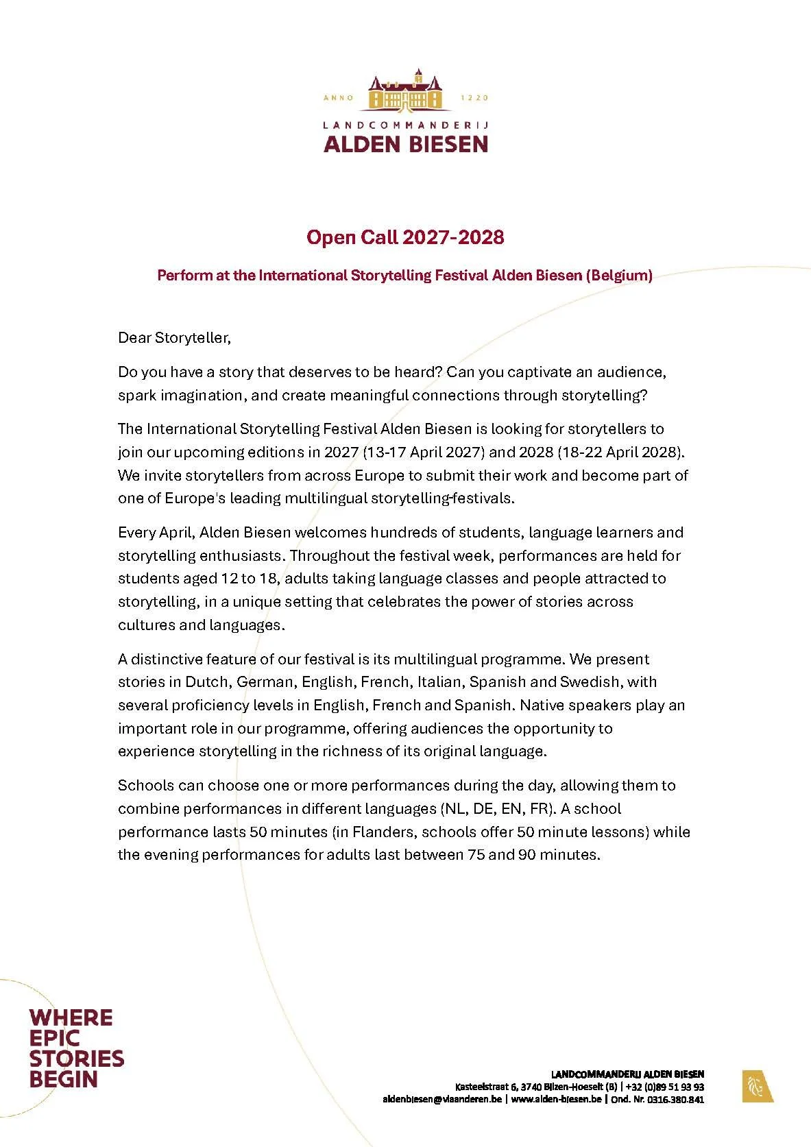 Open Call to perform at the International Storytelling Festival Alden Biesen (Belgium)!