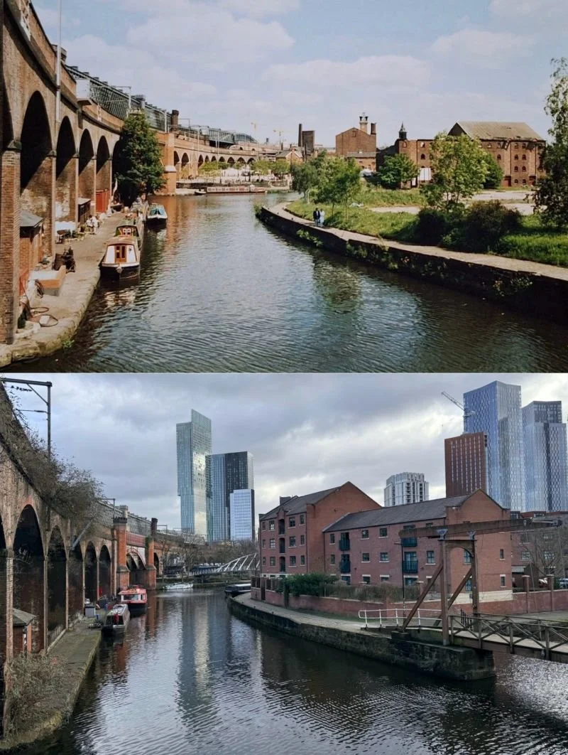 From the Bridgewater Canal in Castlefield looking east towards Lock Keepers Cottage and Merchants Warehouse