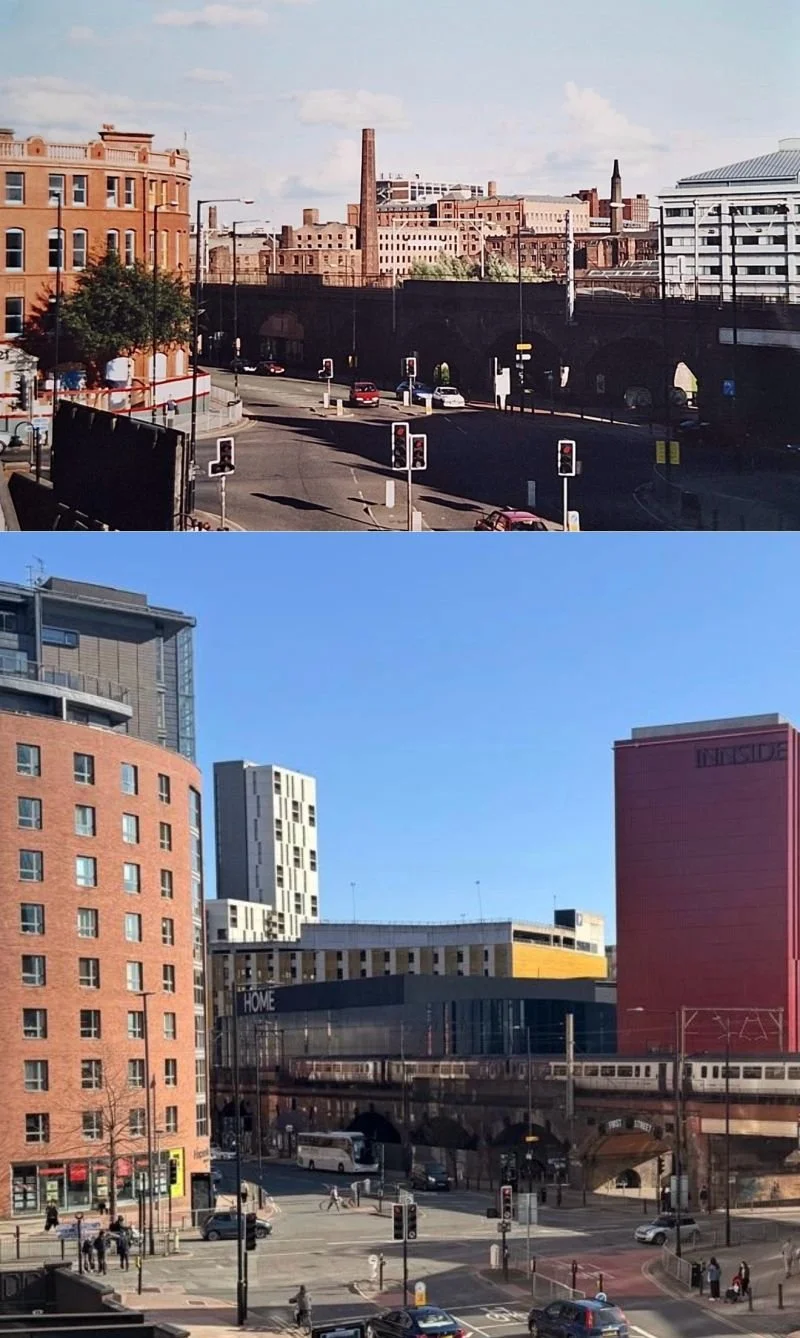 From the railway viaduct looking south‑east towards Whitworth Street West