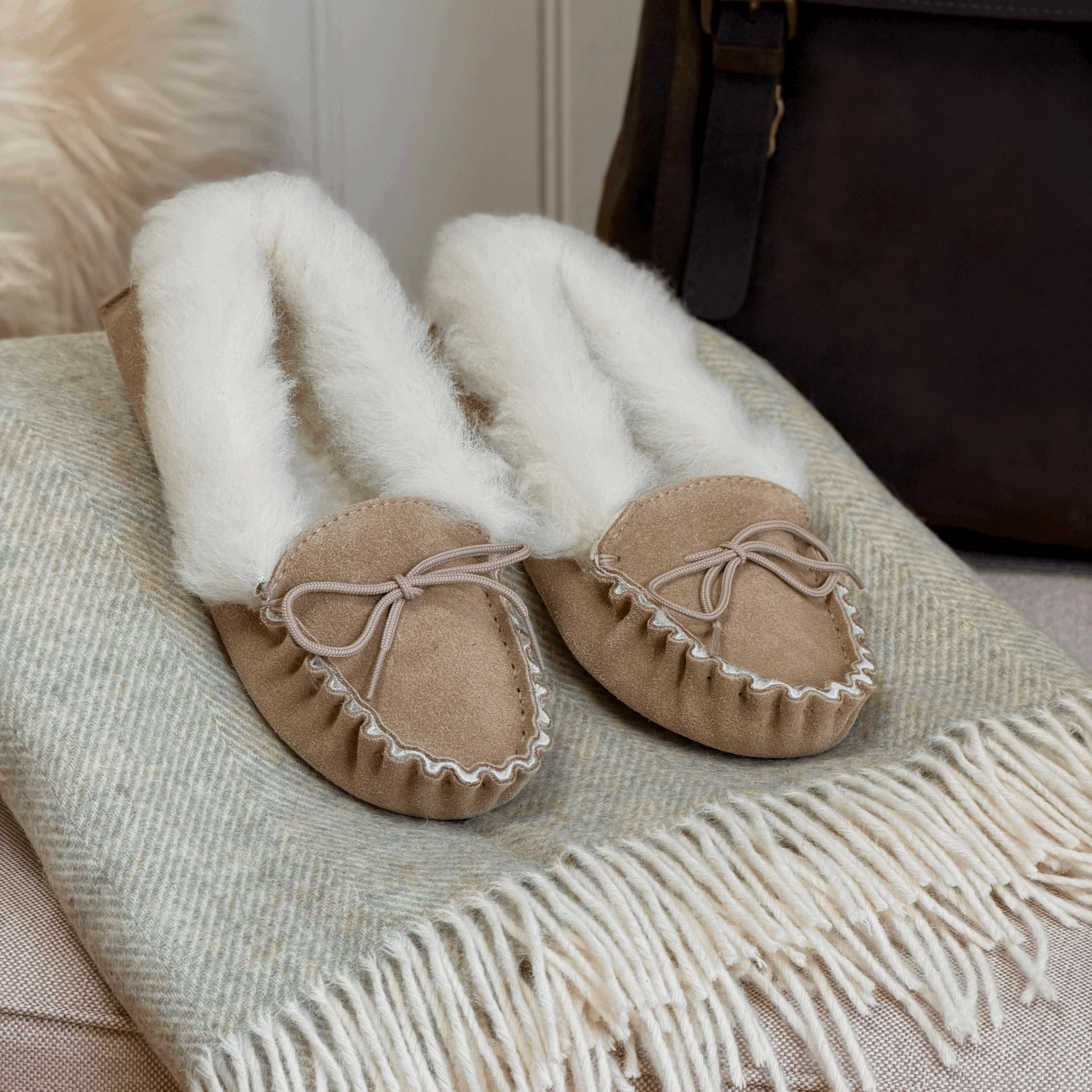Ladies Suede Wool Lined Moccasin Loungers with Soft Sole