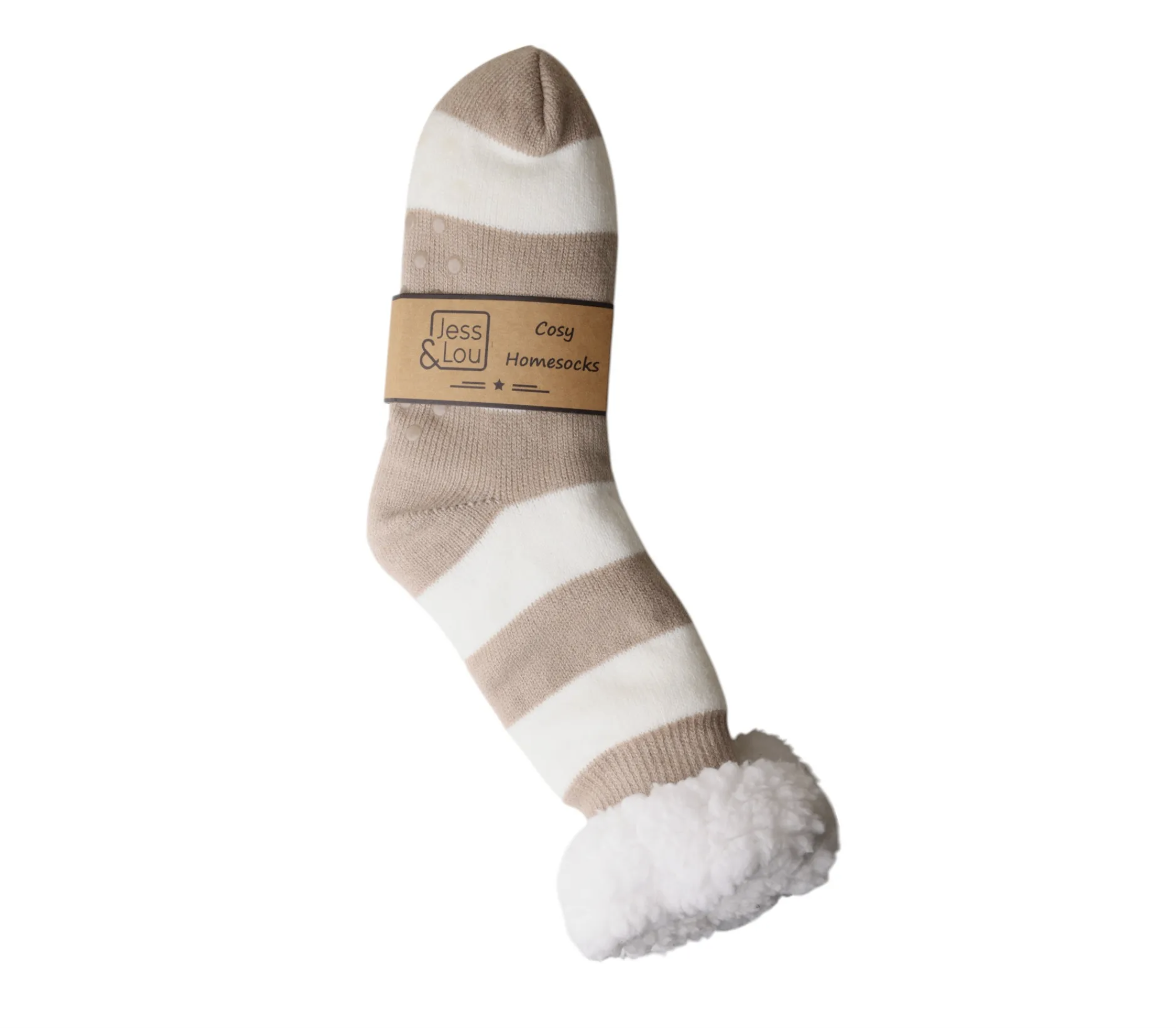 Cosy Slipper Socks | Taupe & White Stripe