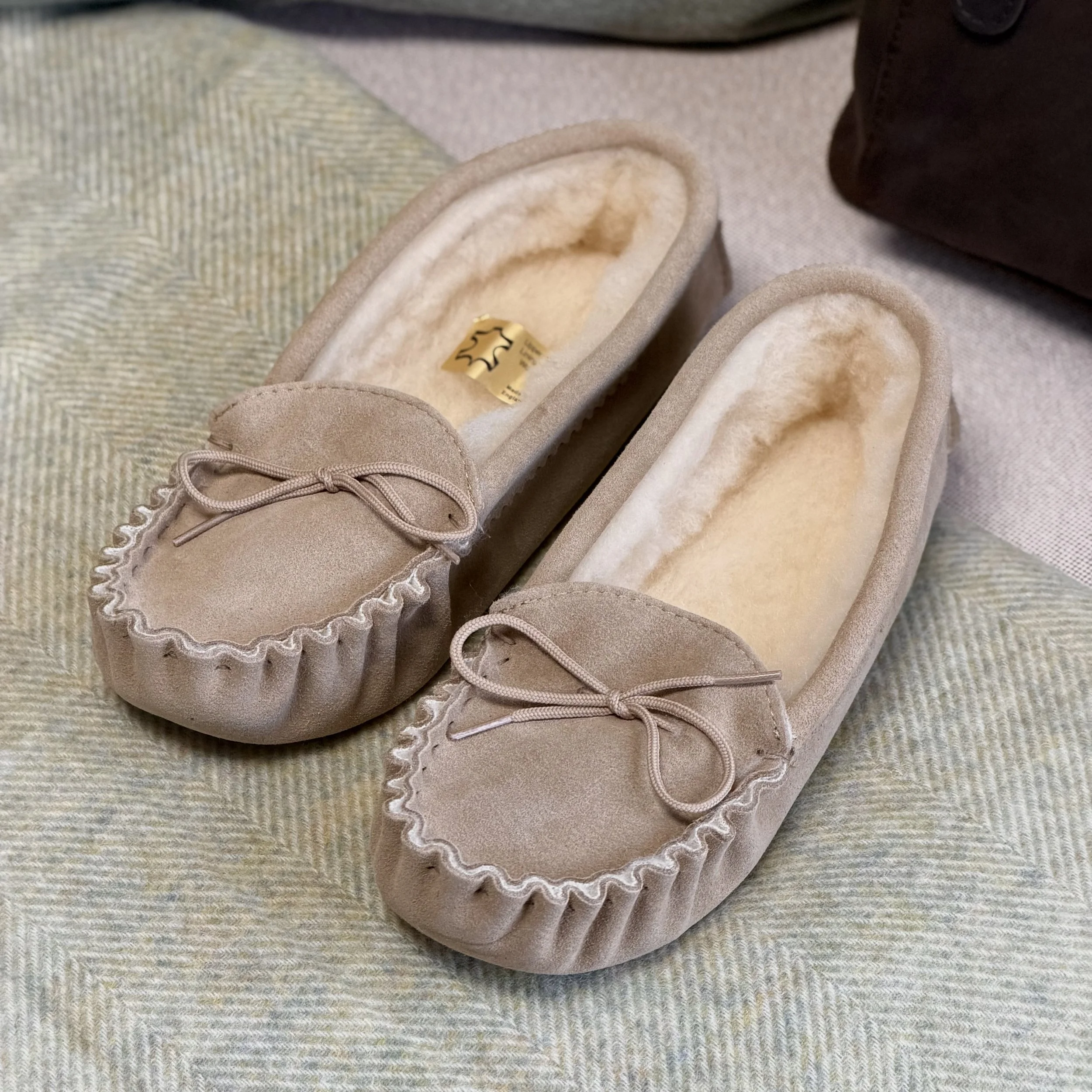 Mens Suede Wool Lined Moccasins with Suede Sole