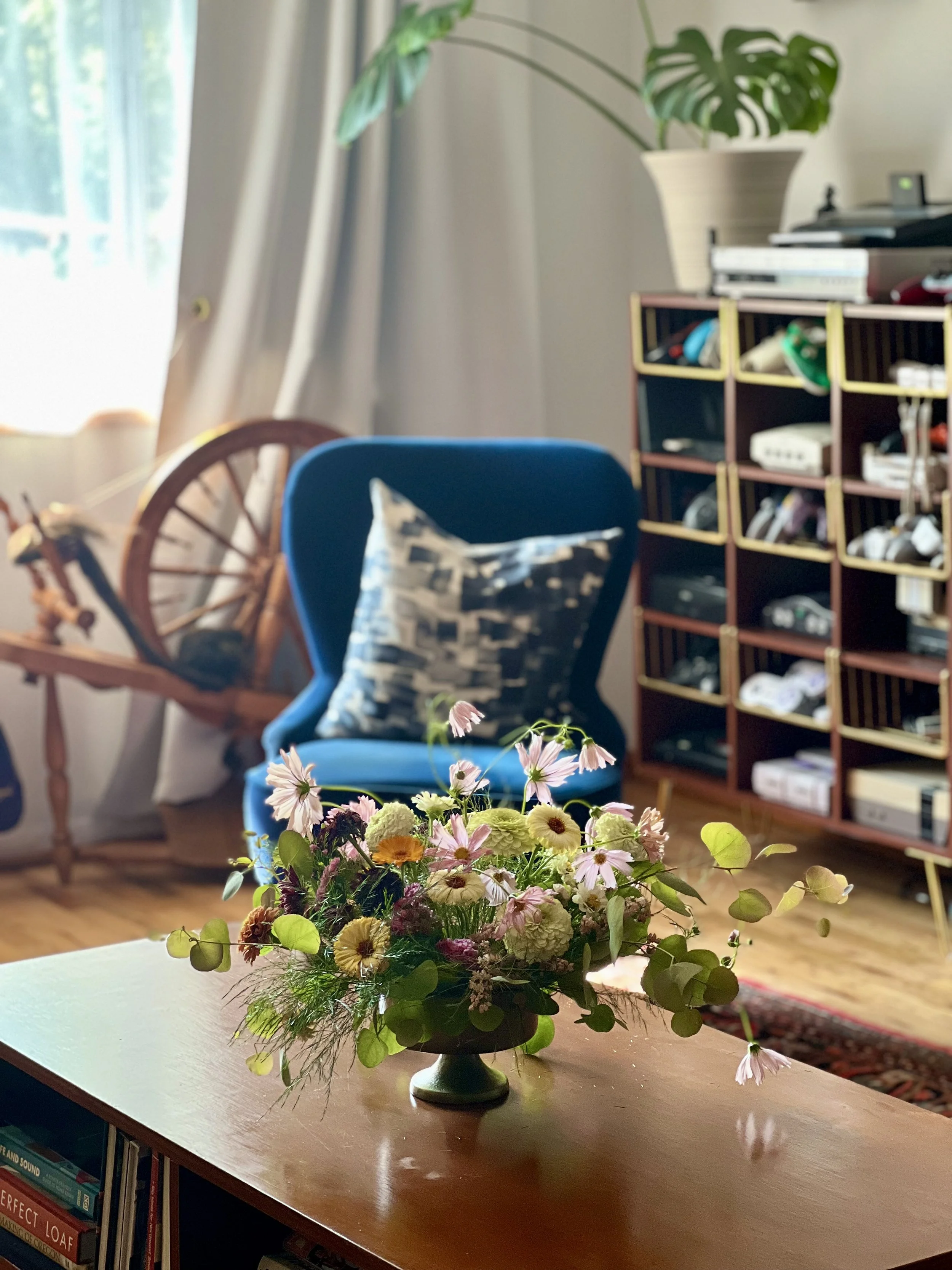 Compote with cosmos and zinnia