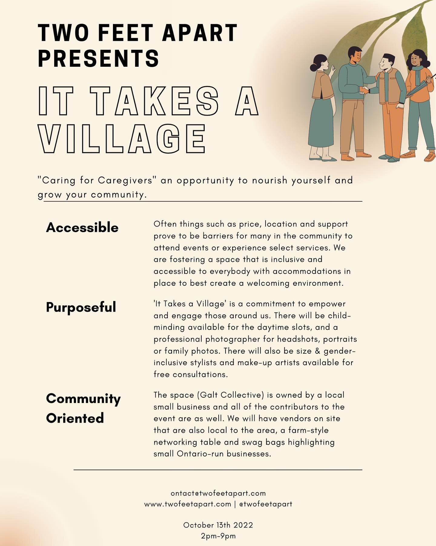 Two Feet Apart Presents: It Takes A Village 

&quot;Caring for Caregivers&quot; is an opportunity to nourish yourself and grow your community.

Accessible

Purposeful

Community-Oriented

Often things such as price, location and support prove to be b