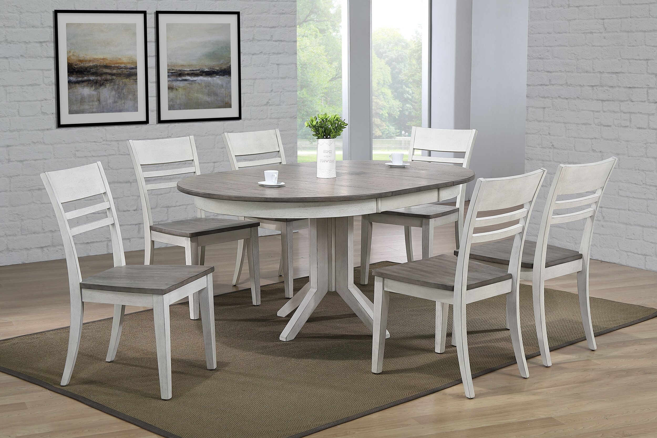 45"x45"x63" Contemporary Table In Ash & Stormy White With Transitional Ladder Back Chairs (7-Piece Dining Set)