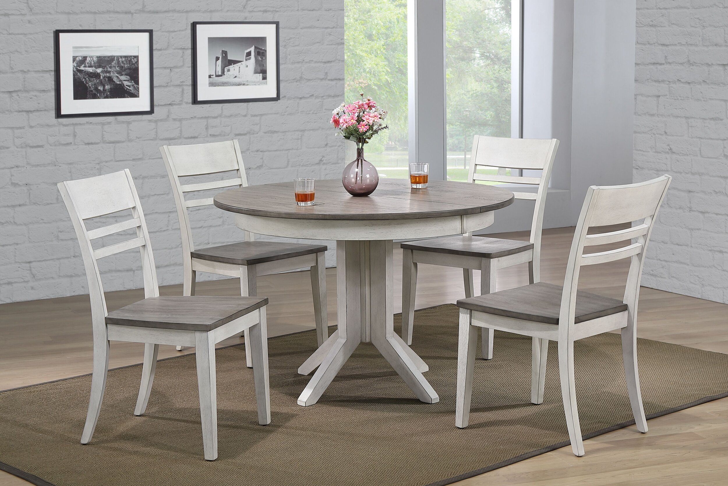 45"x45"x63" Contemporary Table In Ash & Stormy White With Transitional Ladder Back Chairs (7-Piece Dining Set)