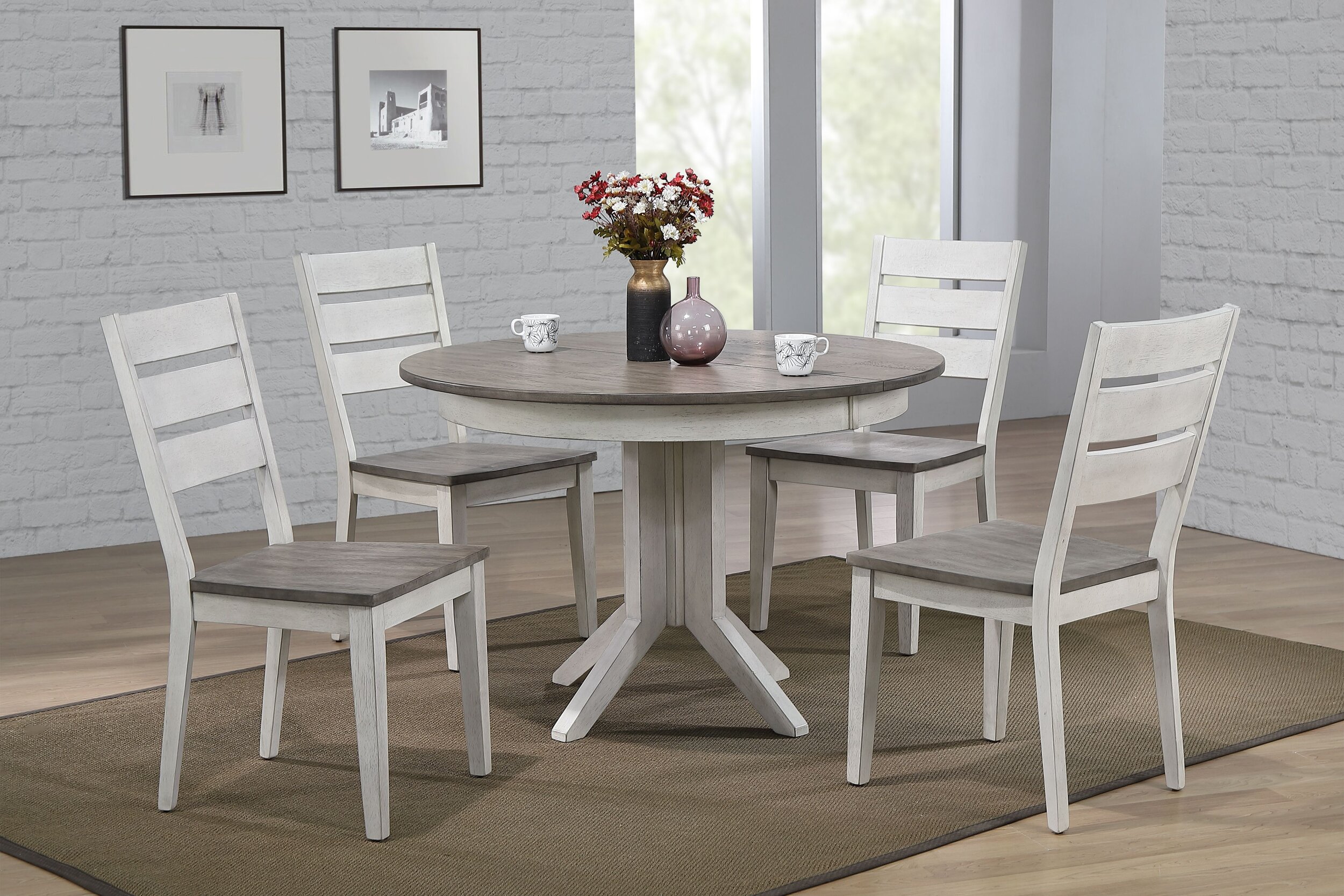 45"x45"x63" Transitional Table In Ash & Stormy White With Contemporary Ladder Back Chairs (7- Piece Dining Set)
