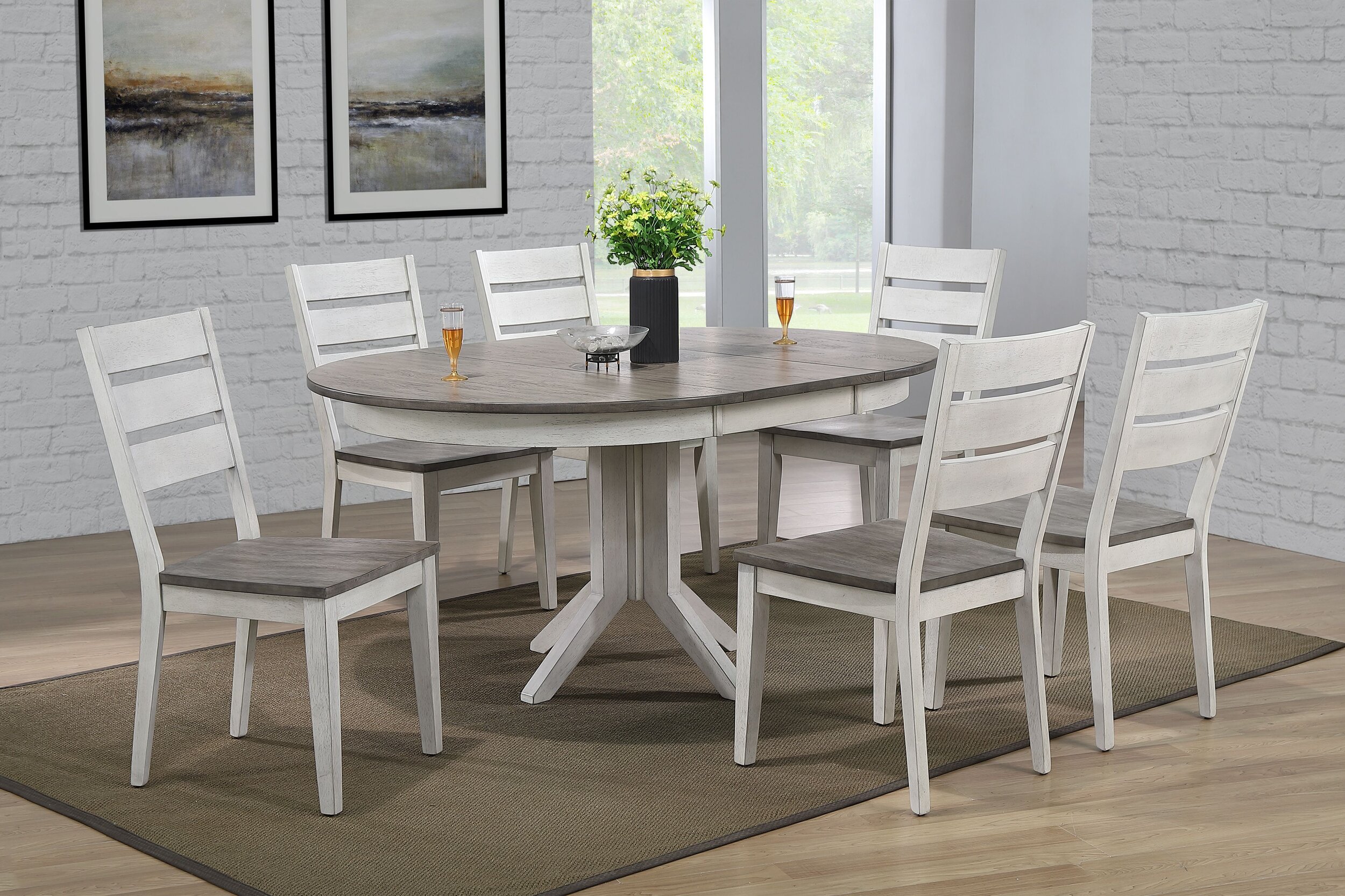45"x45"x63" Transitional Table In Ash & Stormy White With Contemporary Ladder Back Chairs (5-Piece Dining Set)