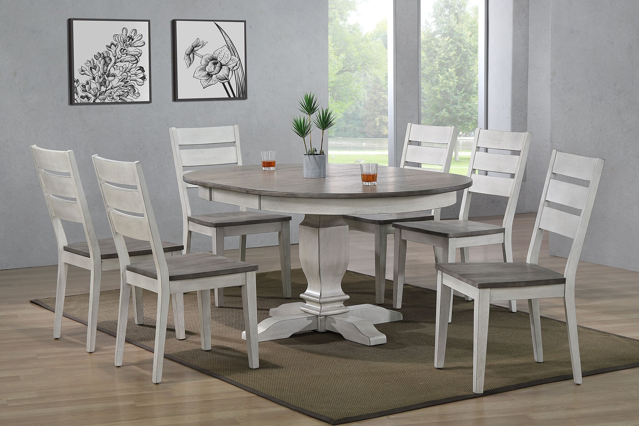 45"x45"x63" Transitional Table In Ash & Stormy White With Contemporary Ladder Back Chairs (7-Piece Dining Set)