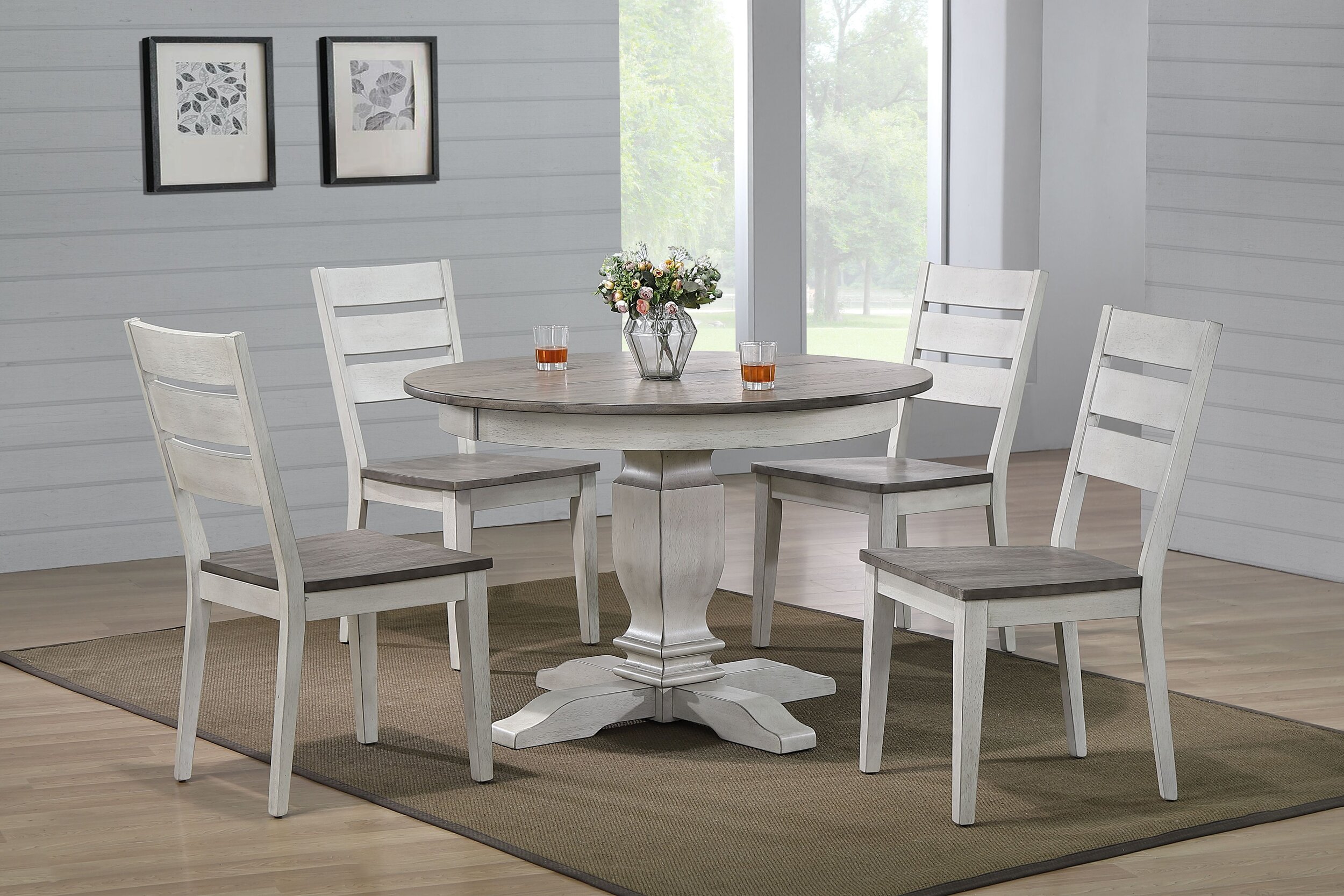 45"x45"x63" Transitional Table In Ash & Stormy White With Contemporary Ladder Back Chairs (5-Piece Dining Set)