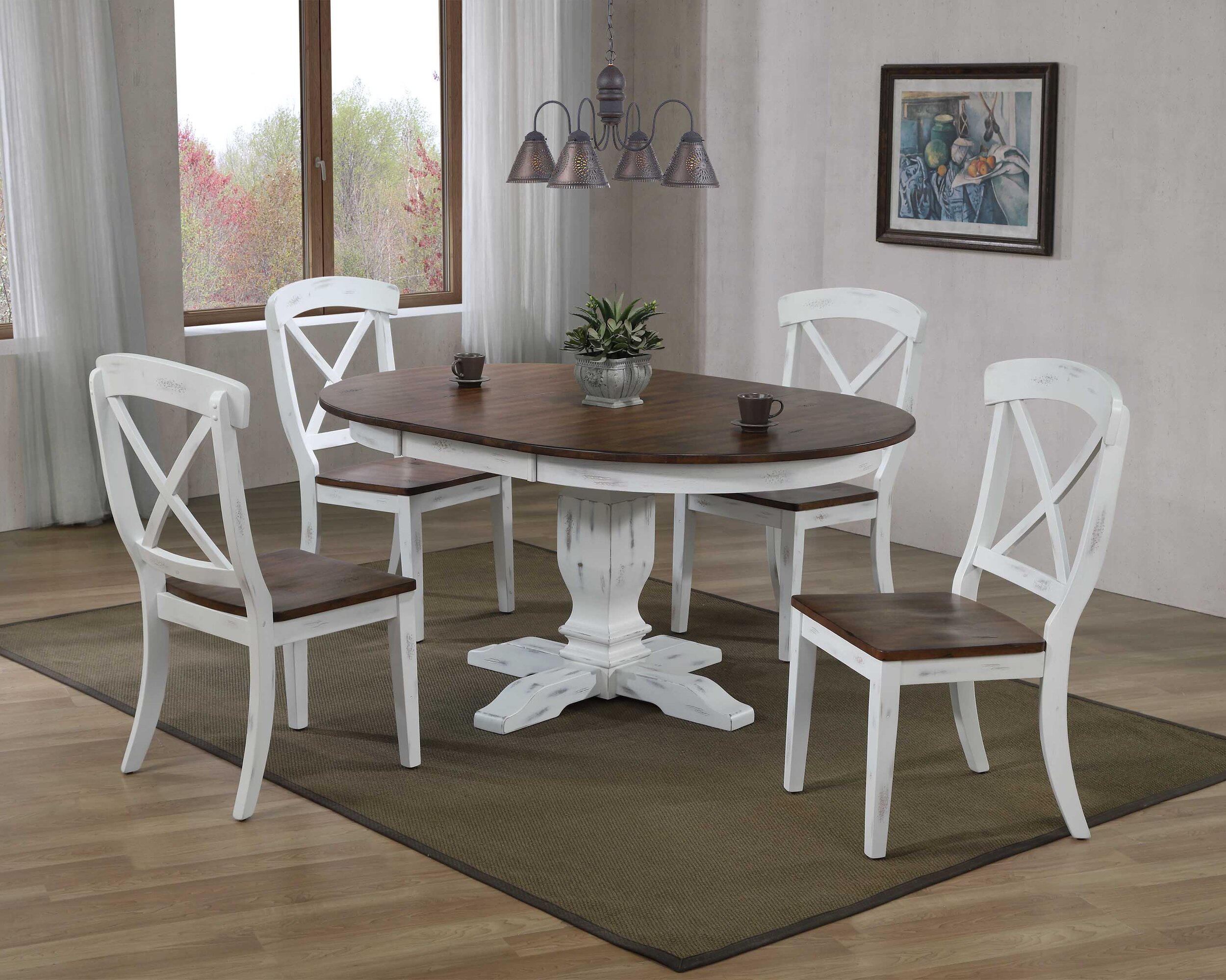 45"x45"x63" Transitional Distressed Cocoa Brown/Cotton White X-Back (5-Piece Dining Set)