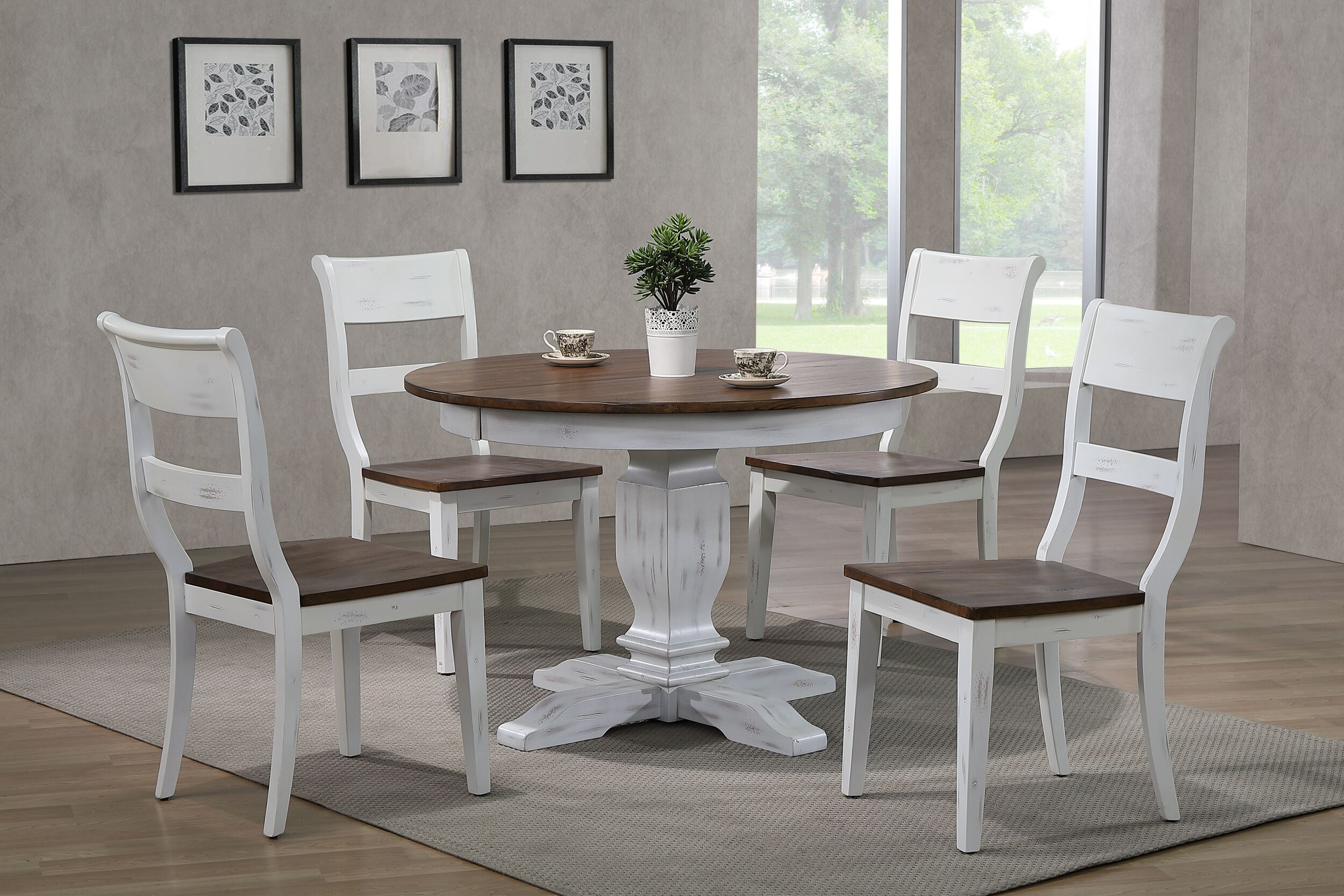 45"x45"x63" Transitional Distressed Cocoa Brown & Cotton White (5-Piece Dining Set)