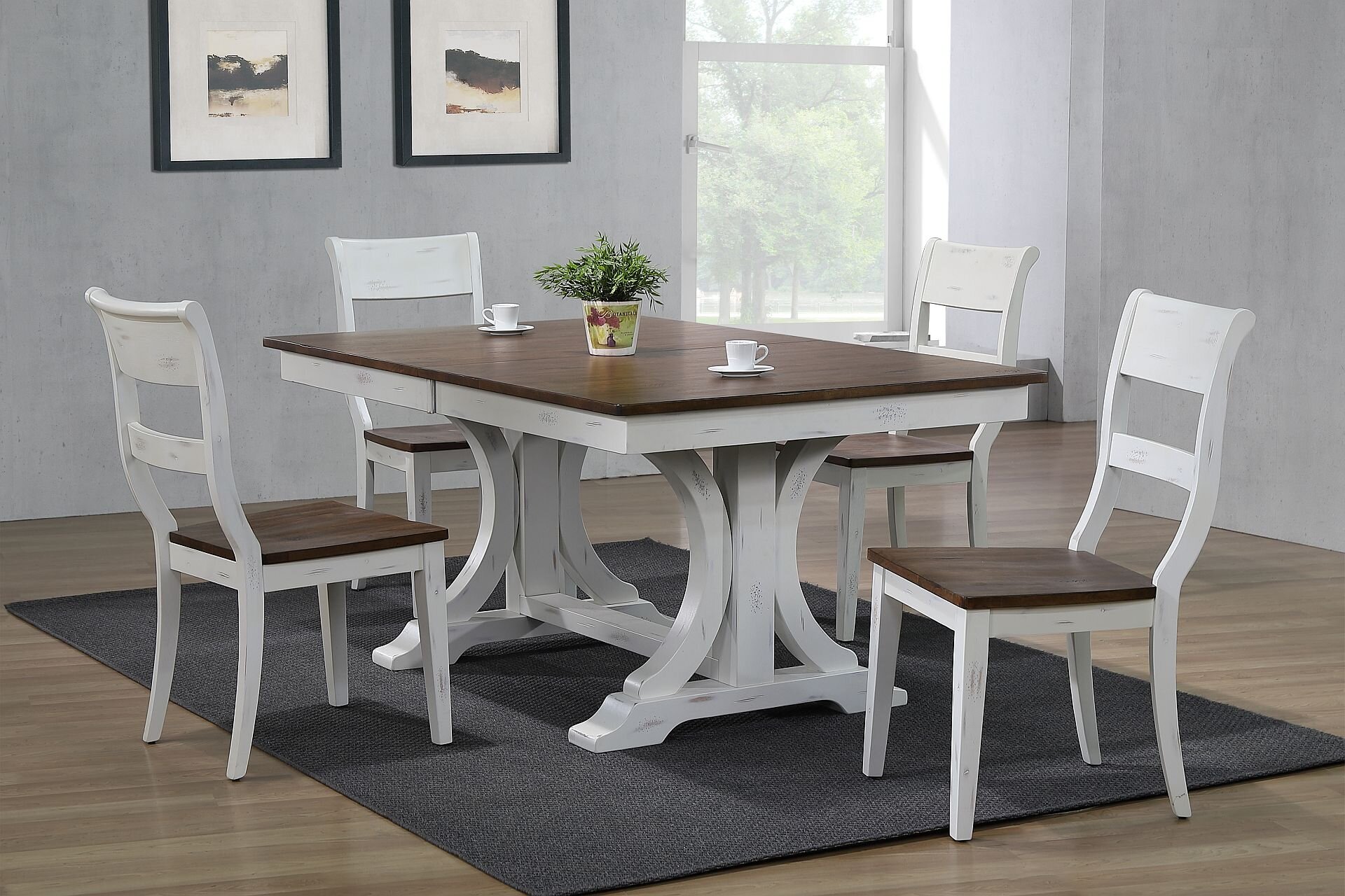 42"x64"x82" Double Pedestal Art Deco Distressed Cocoa Brown & Cotton White (5-Piece Dining Side Set)