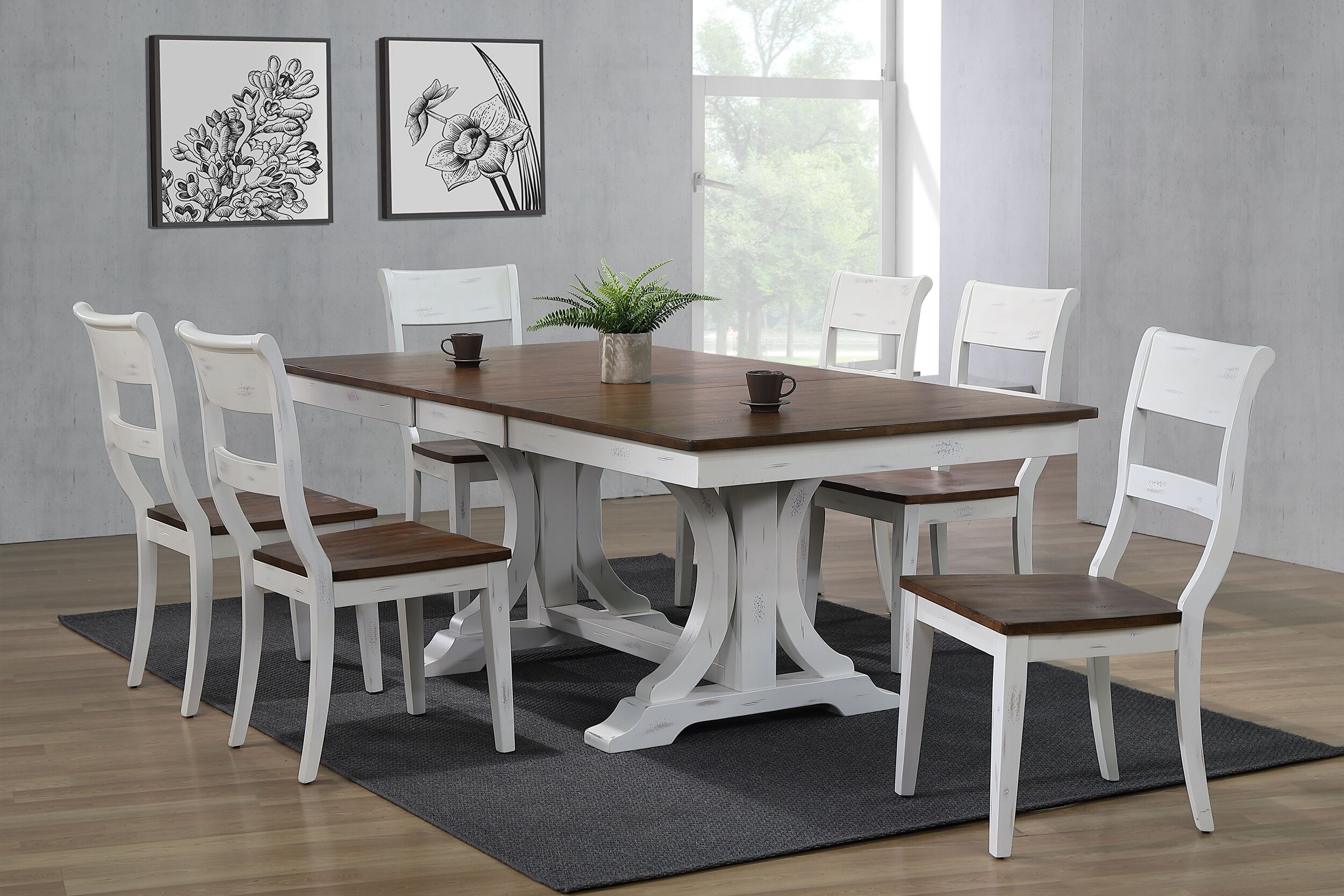 42"x64"x82" Double Pedestal Art Deco Distressed Cocoa Brown & Cotton White (7-Piece Dining Side Set)