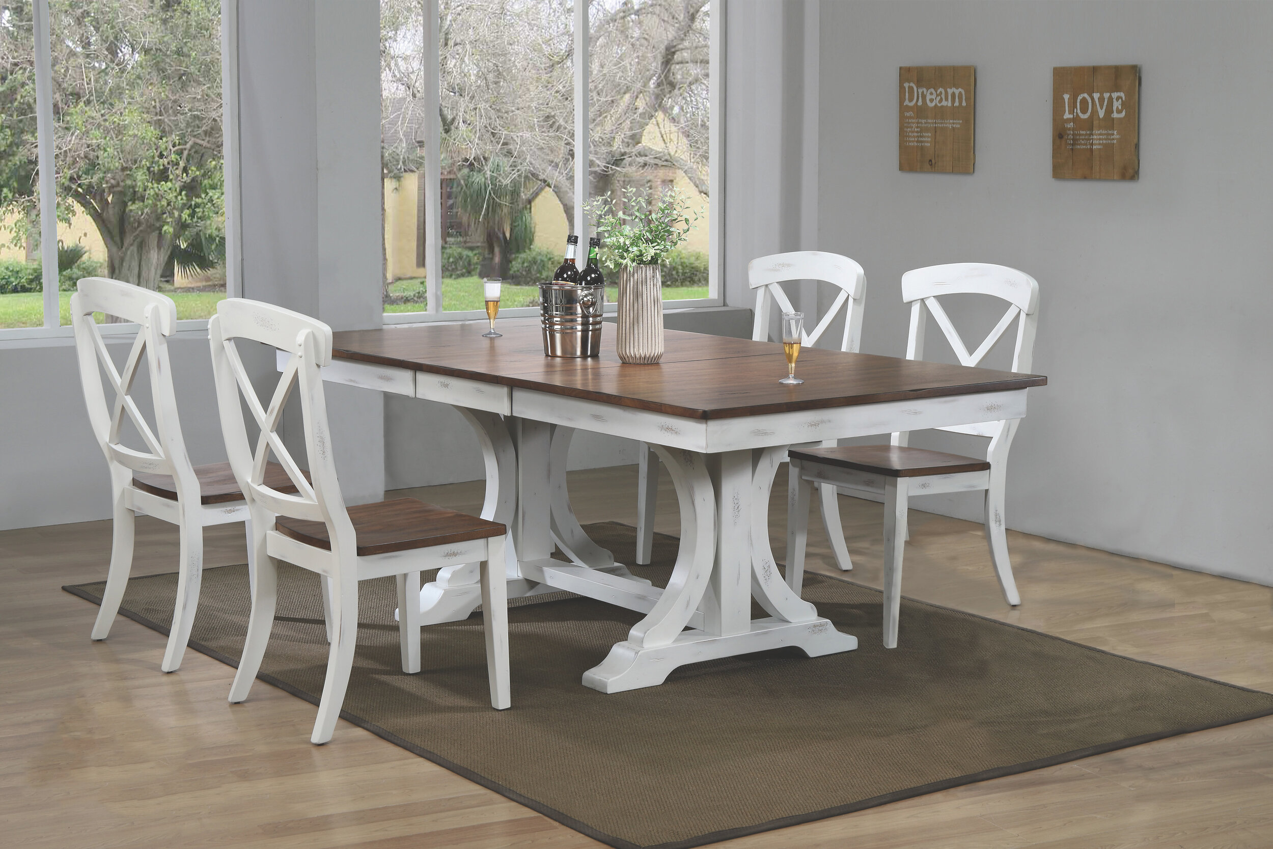 42"x64"x82" Double Pedestal Deco Distressed Cocoa Brown/ Cotton White Transitional X-Back (5-Piece Dining Set)