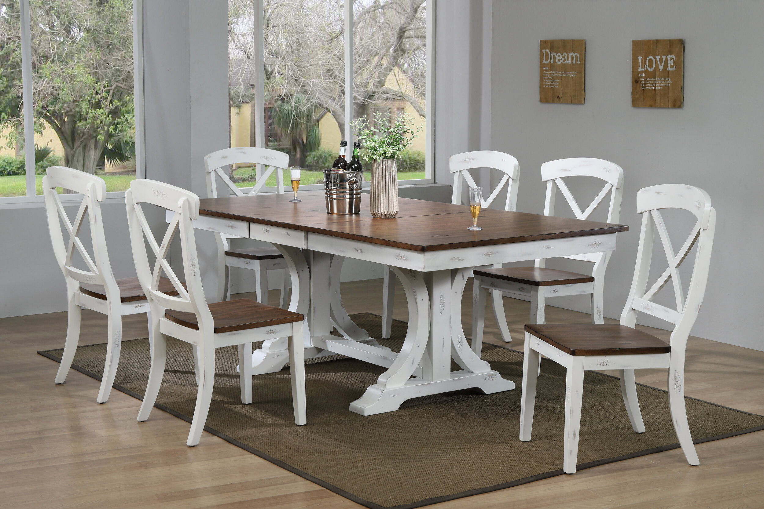 42"x64"x82" Double Pedestal Deco Distressed Cocoa Brown/ Cotton White Transitional X-Back (7-Piece Dining Set)