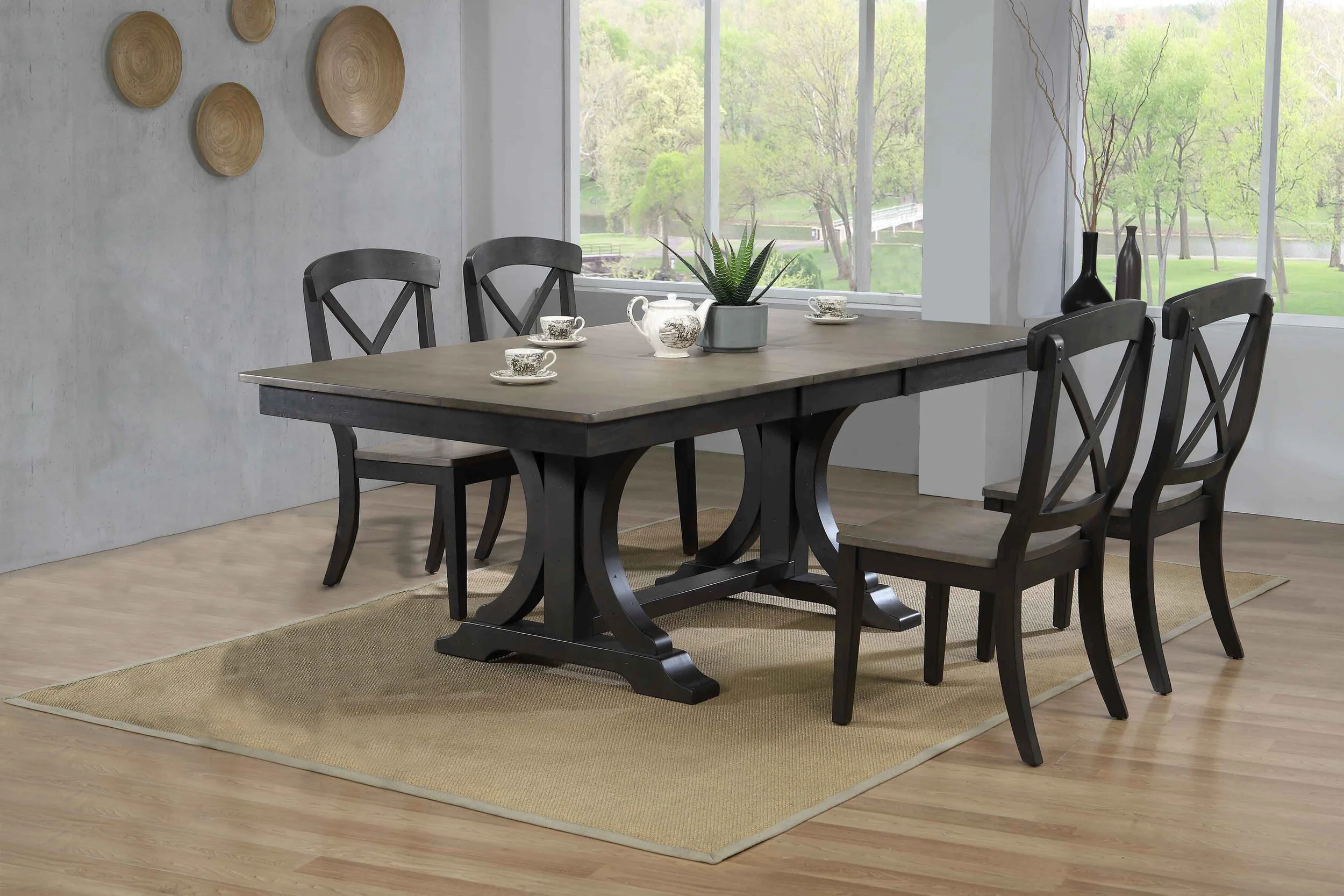 42"x64"x82" Double Pedestal Deco Antique Grey Stone Black Stone Transitional X-Back (5-Piece Dining Set)