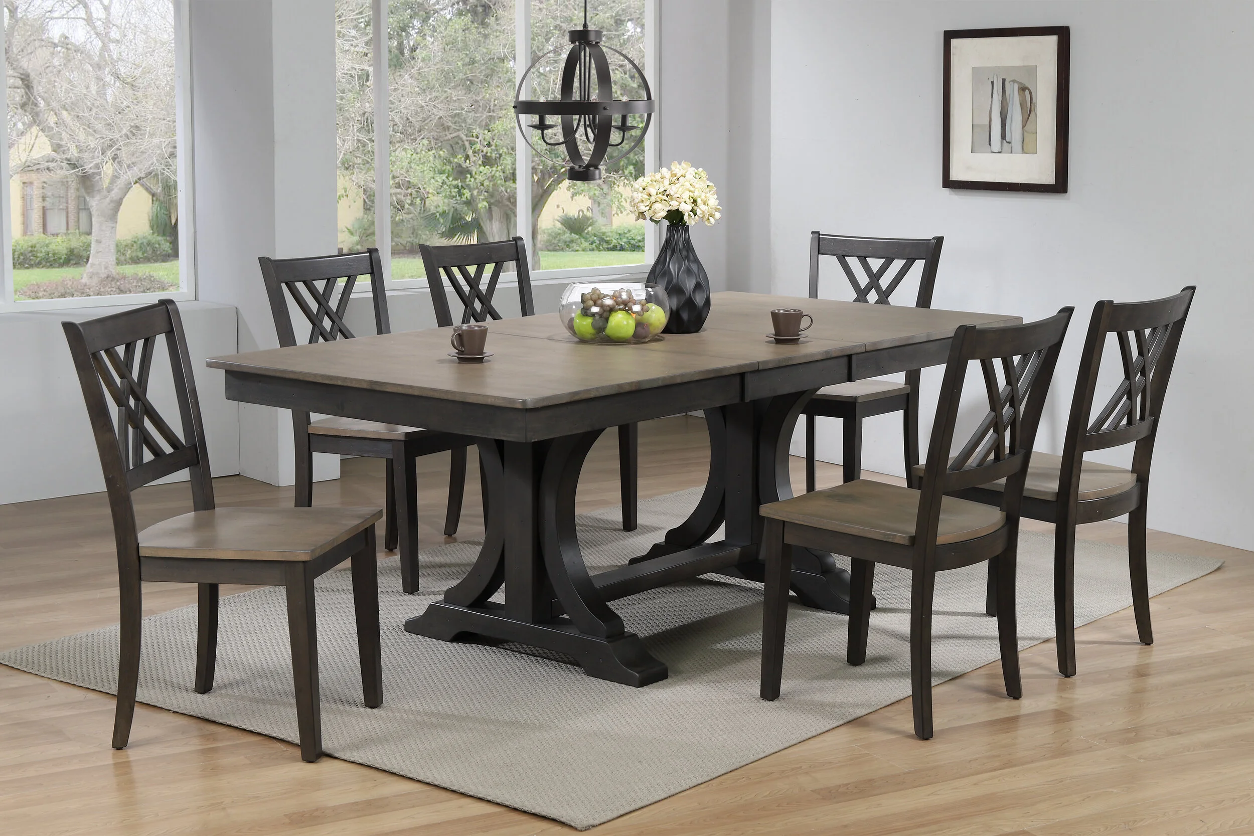 42"x64"x82" Double Pedestal Deco Antique Grey Stone Black Stone Double X-Back (7-Piece Dining Set)