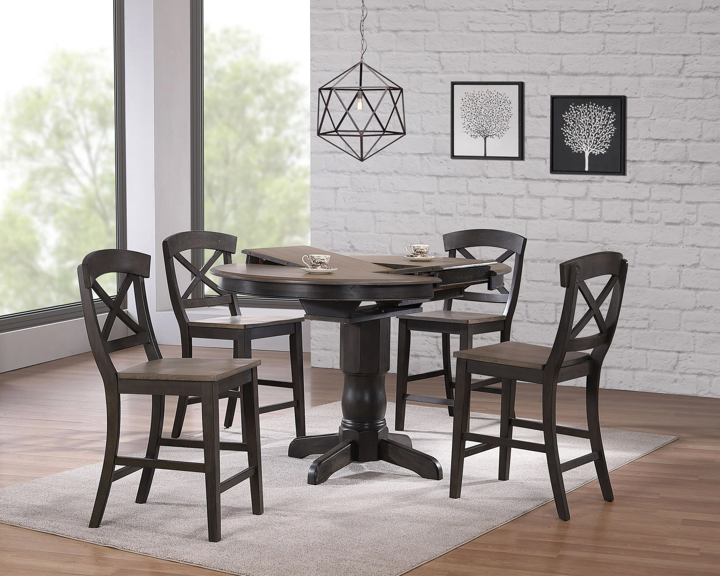 42"x42"x60" Transitional X-Back 24"Counter Stool Grey Stone Black Stone Counter Height 5-Piece Dining Set