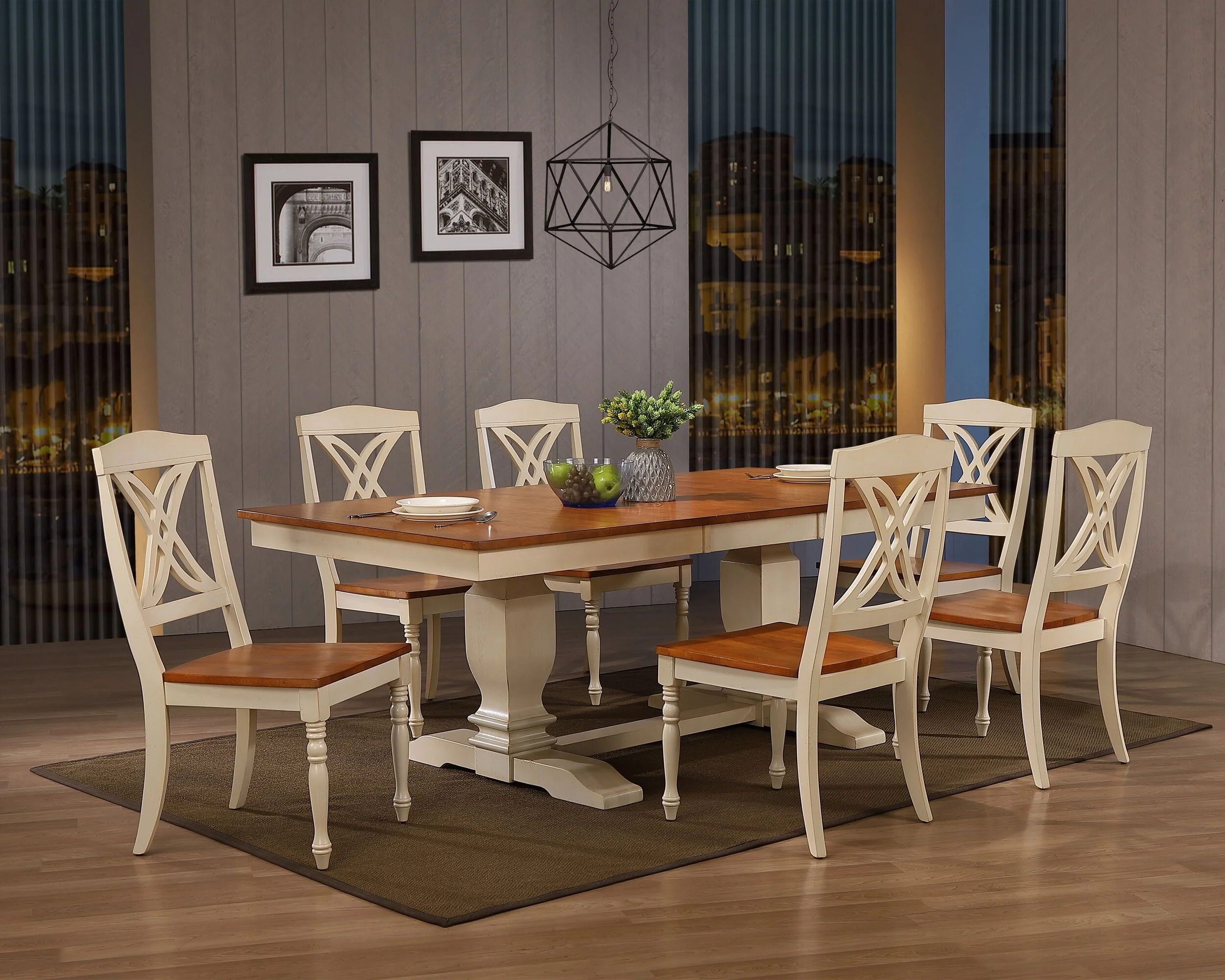 42"x64"x82" Double Pedestal Transitional Antiqued Caramel Biscotti Butterfly Back 7-Piece Dining Set