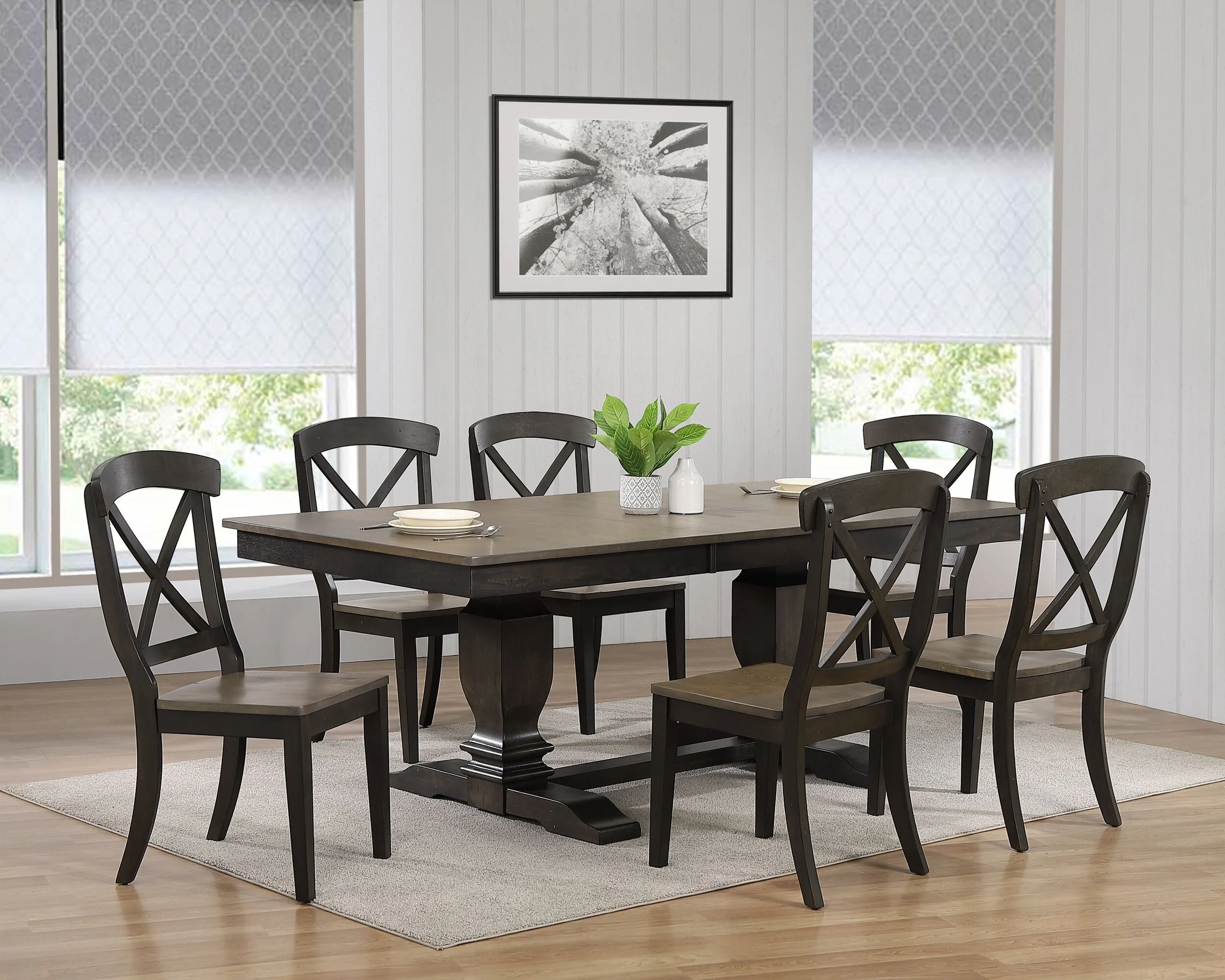 42"x64"x82" Double Pedestal Transitional Antique Grey Stone Black Stone X-Back 7-Piece Dining Set