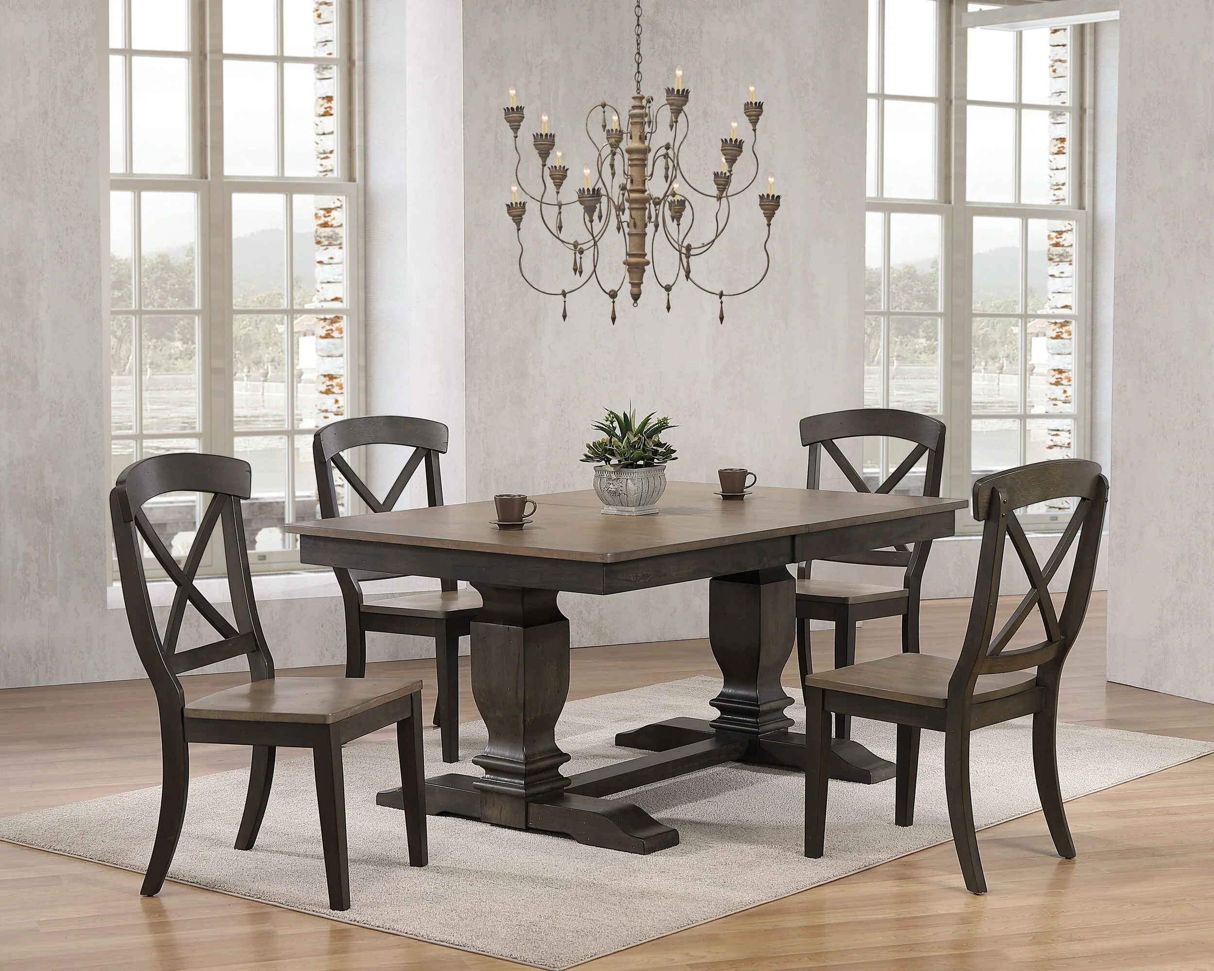 42"x64"x82" Double Pedestal Transitional Antique Grey Stone Black Stone X-Back 5-Piece Dining Set