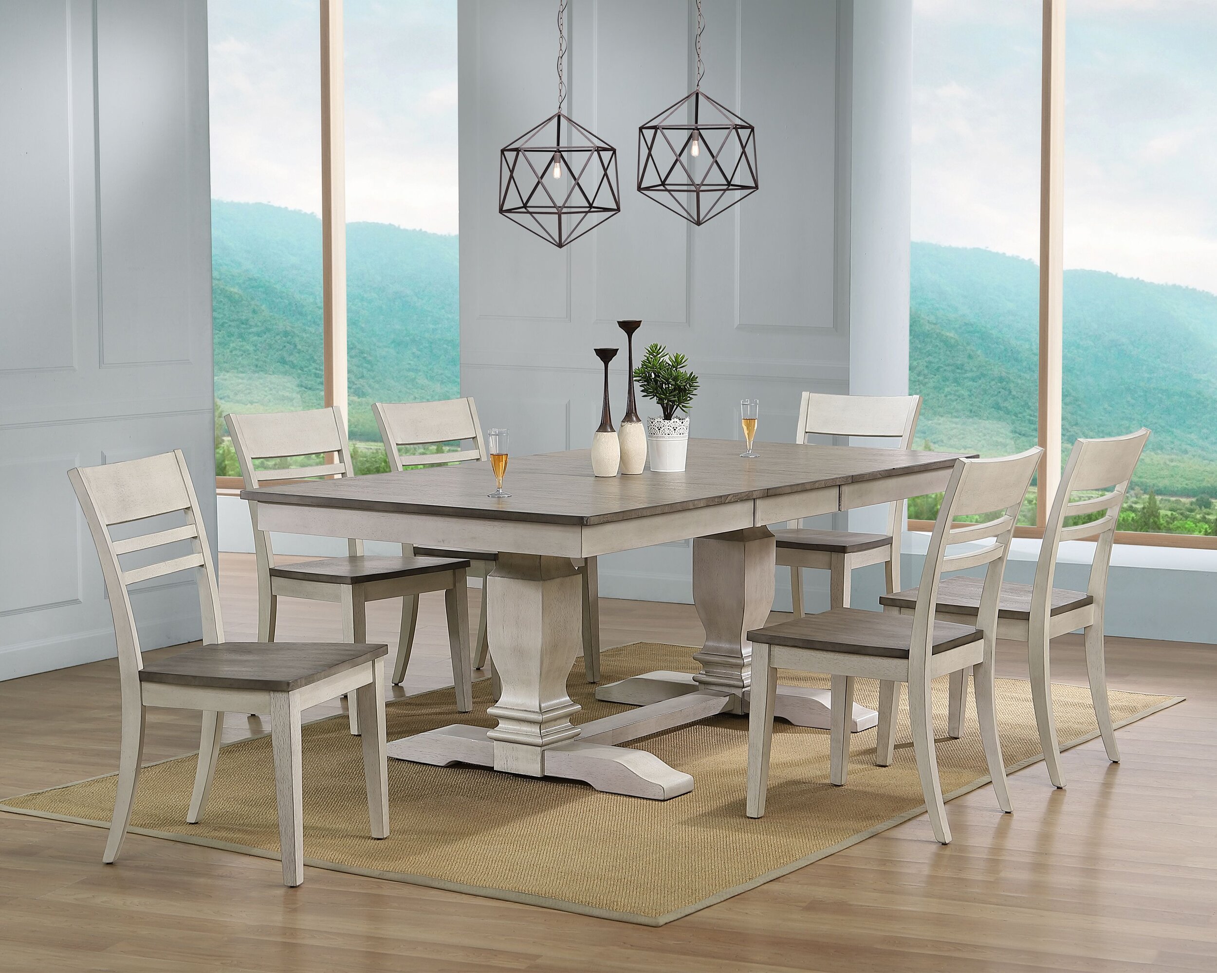 42"x64"x82" Double Pedestal Transitional Dinning Side chair Ash/ Stormy White 7- Piece Set