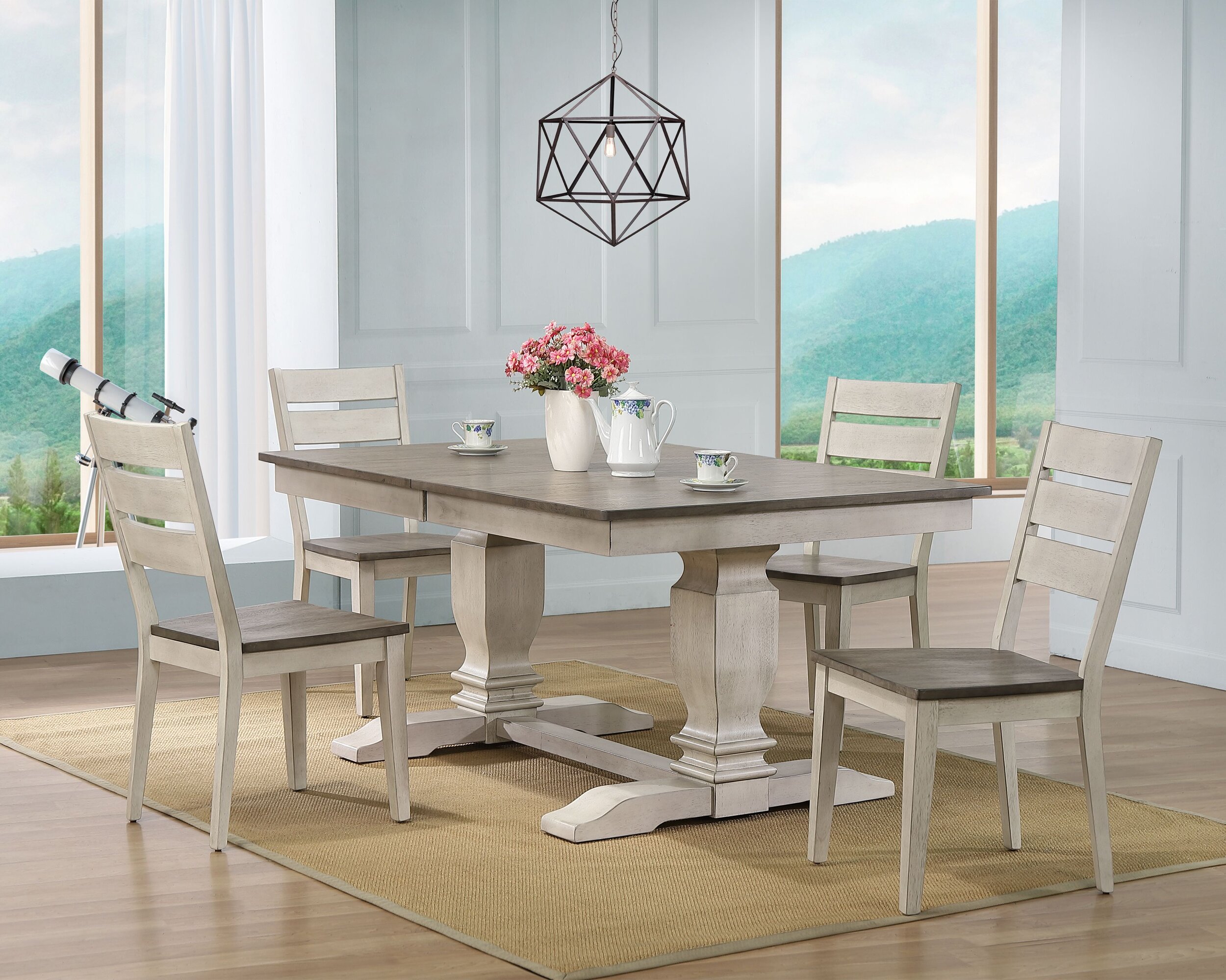 42"X64"X82" DOUBLE PEDESTAL TRANSITIONAL LADDER BACK SIDE CHAIR ASH/ STORMY WHITE 5- PIECE SET