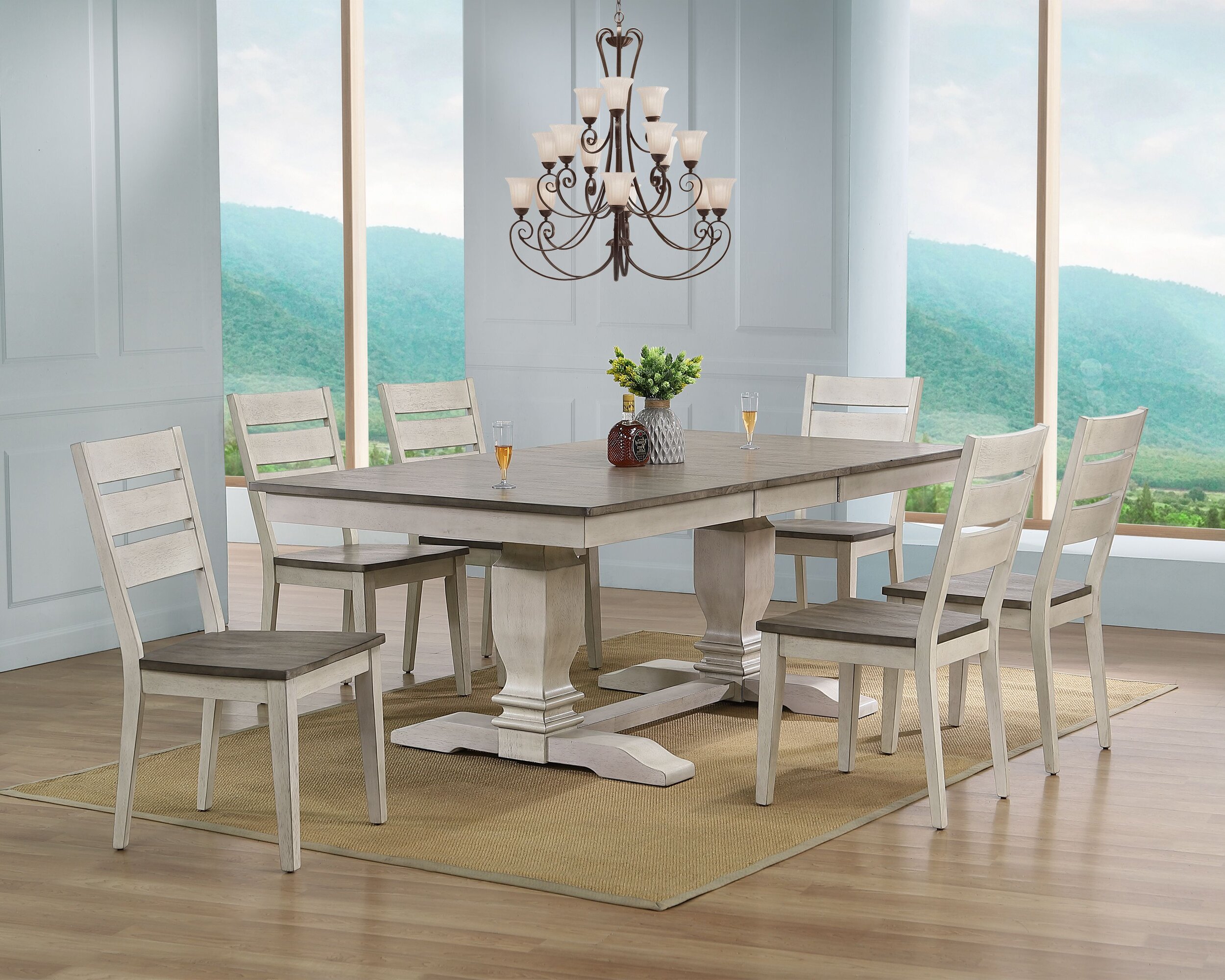 42"X64"X82" DOUBLE PEDESTAL TRANSITIONAL LADDER BACK SIDE CHAIR ASH/ STORMY WHITE 7- PIECE SET