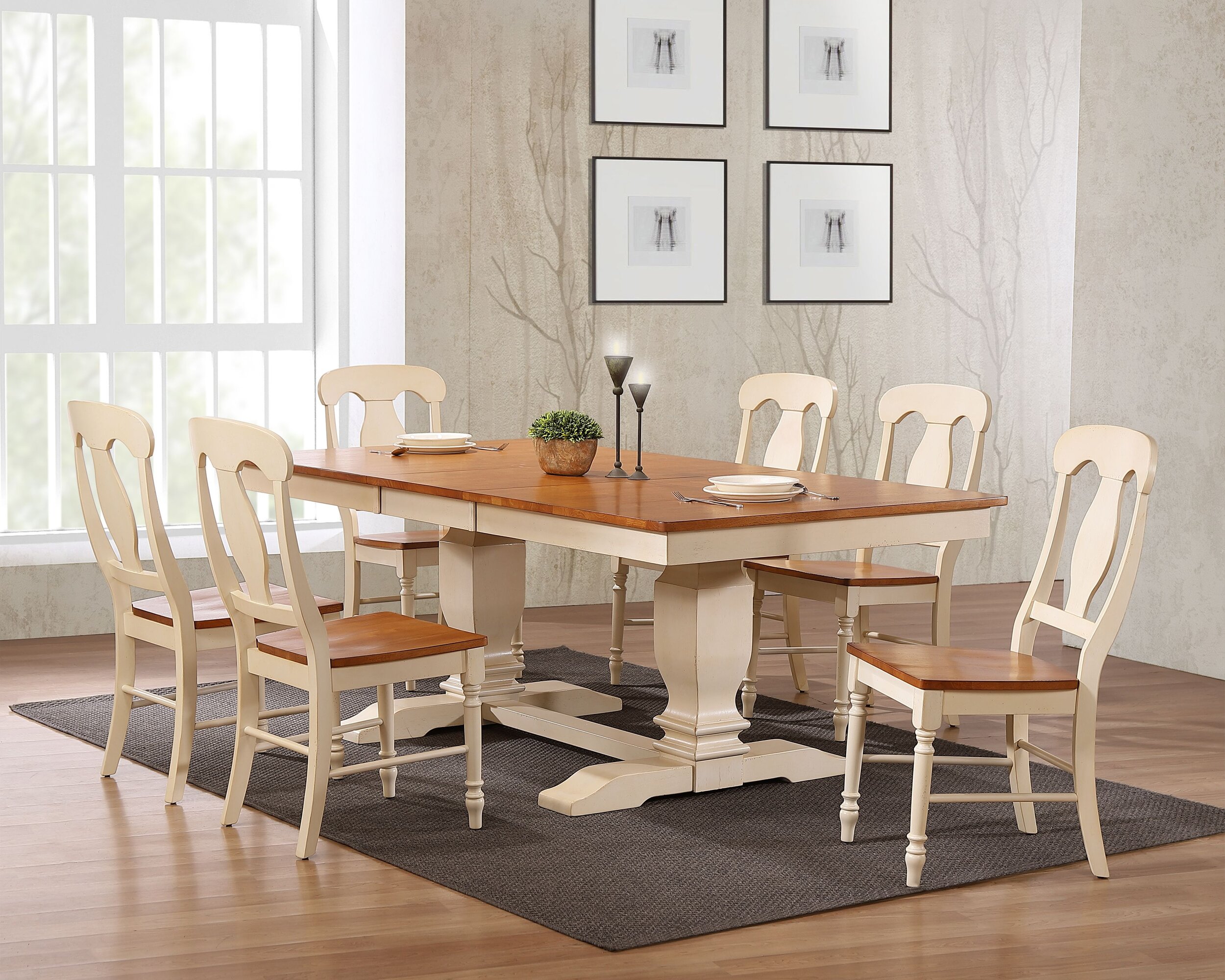 42"X64"X82" DOUBLE PEDESTAL TRANSITIONAL ANTIQUED CARAMEL/BISCOTTI NAPOLEON BACK 7-PIECE DINING SET