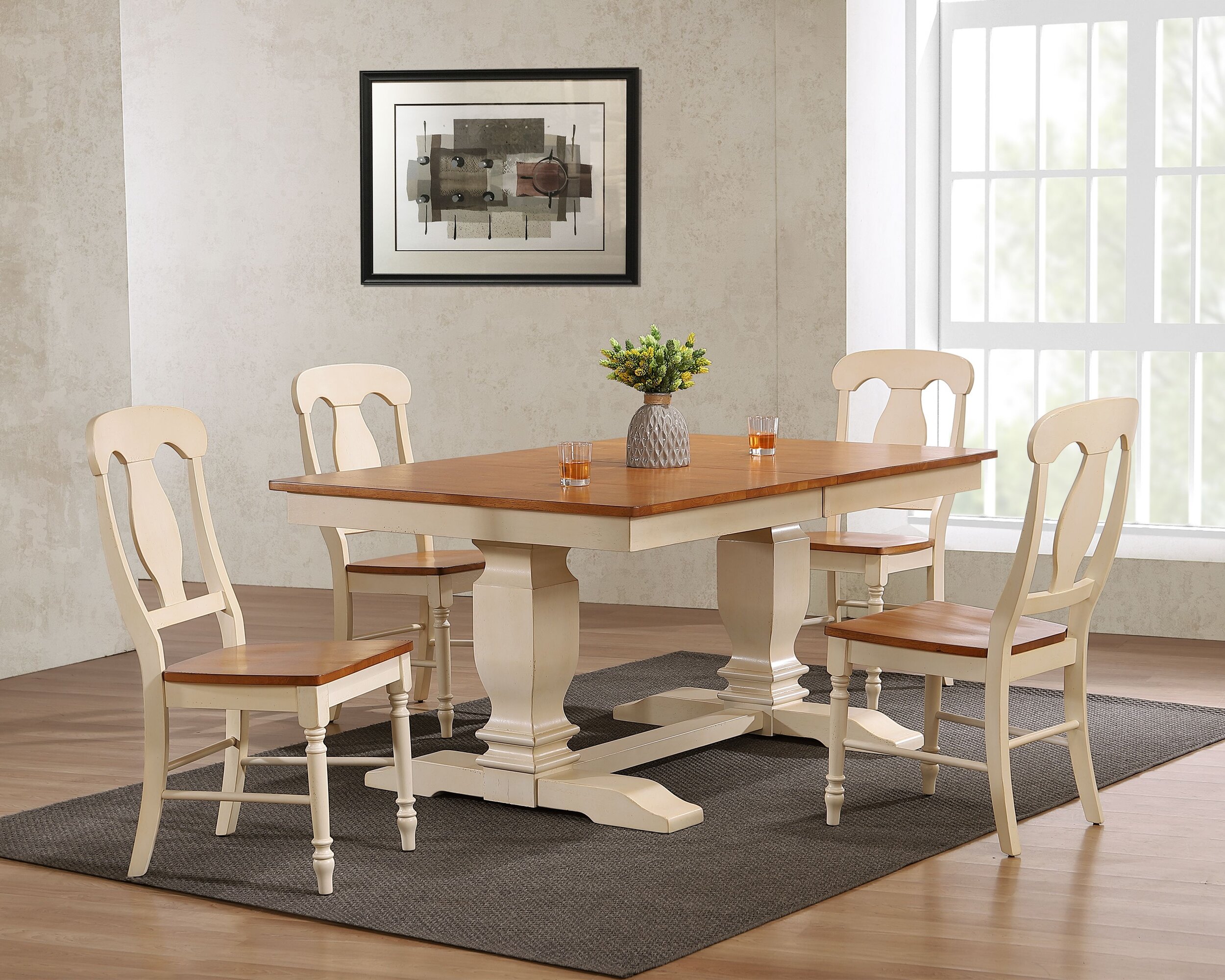 42"X64"X82" DOUBLE PEDESTAL TRANSITIONAL ANTIQUED CARAMEL/BISCOTTI NAPOLEON BACK 5-PIECE DINING SET