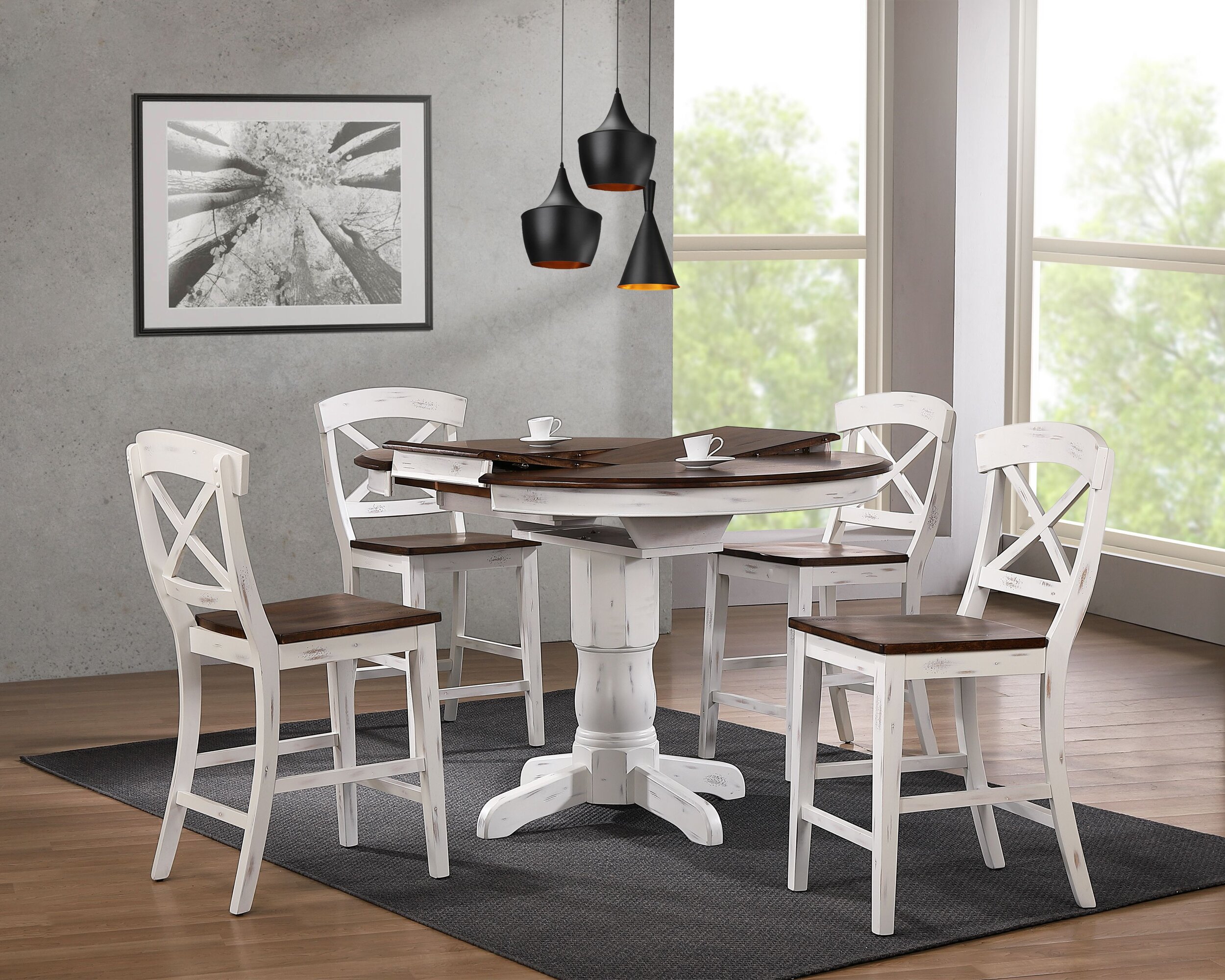 42"x42"x60" Transitional X-Back 24"Counter Stool Cocoa Brown Distressed Cotton White Distressed/ Counter Height 5-Piece Dining Set