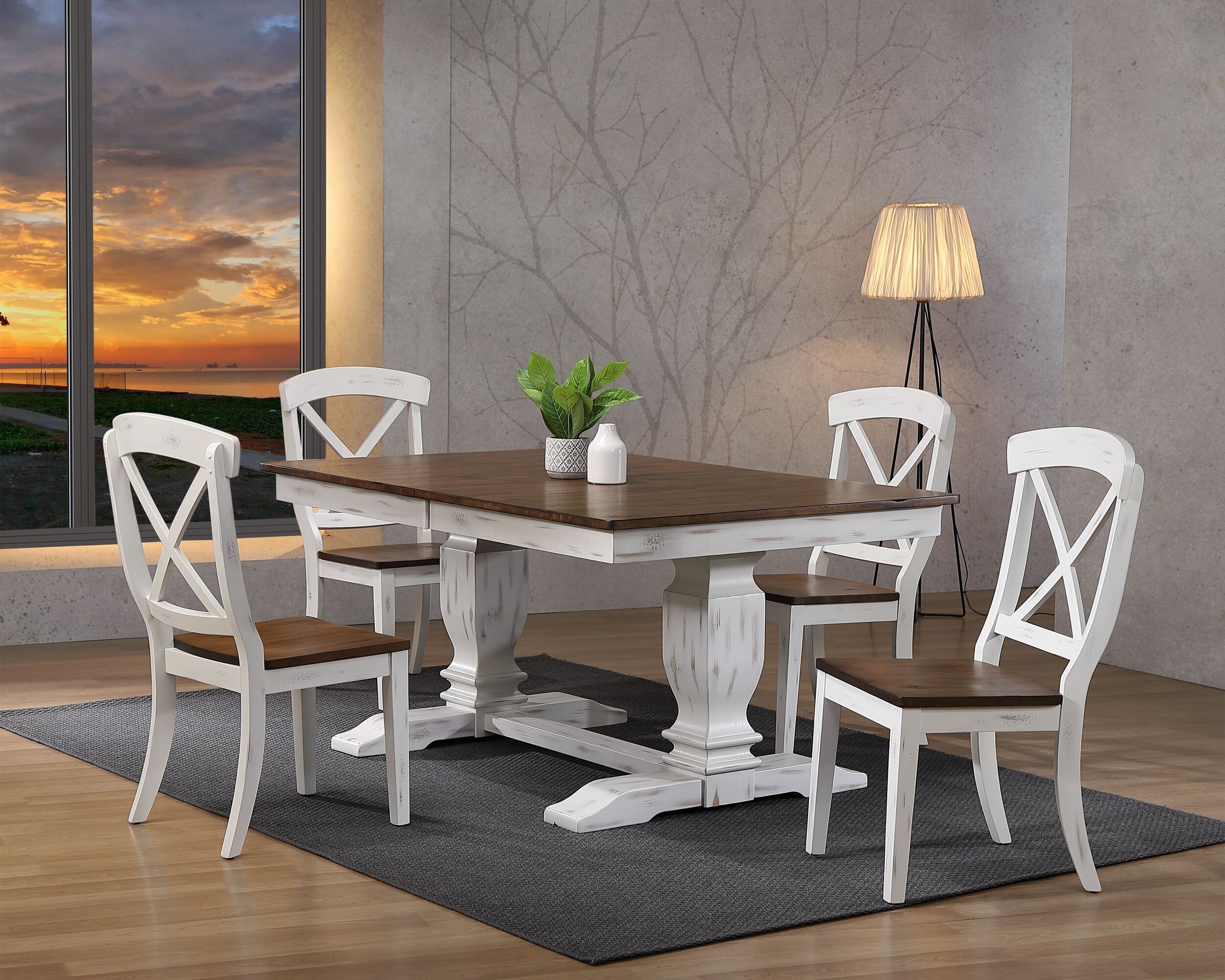 42"x64"x82" Double Pedestal Transitional Distressed Cocoa Brown/ Cotton White X-Back 5-Piece Dining Set