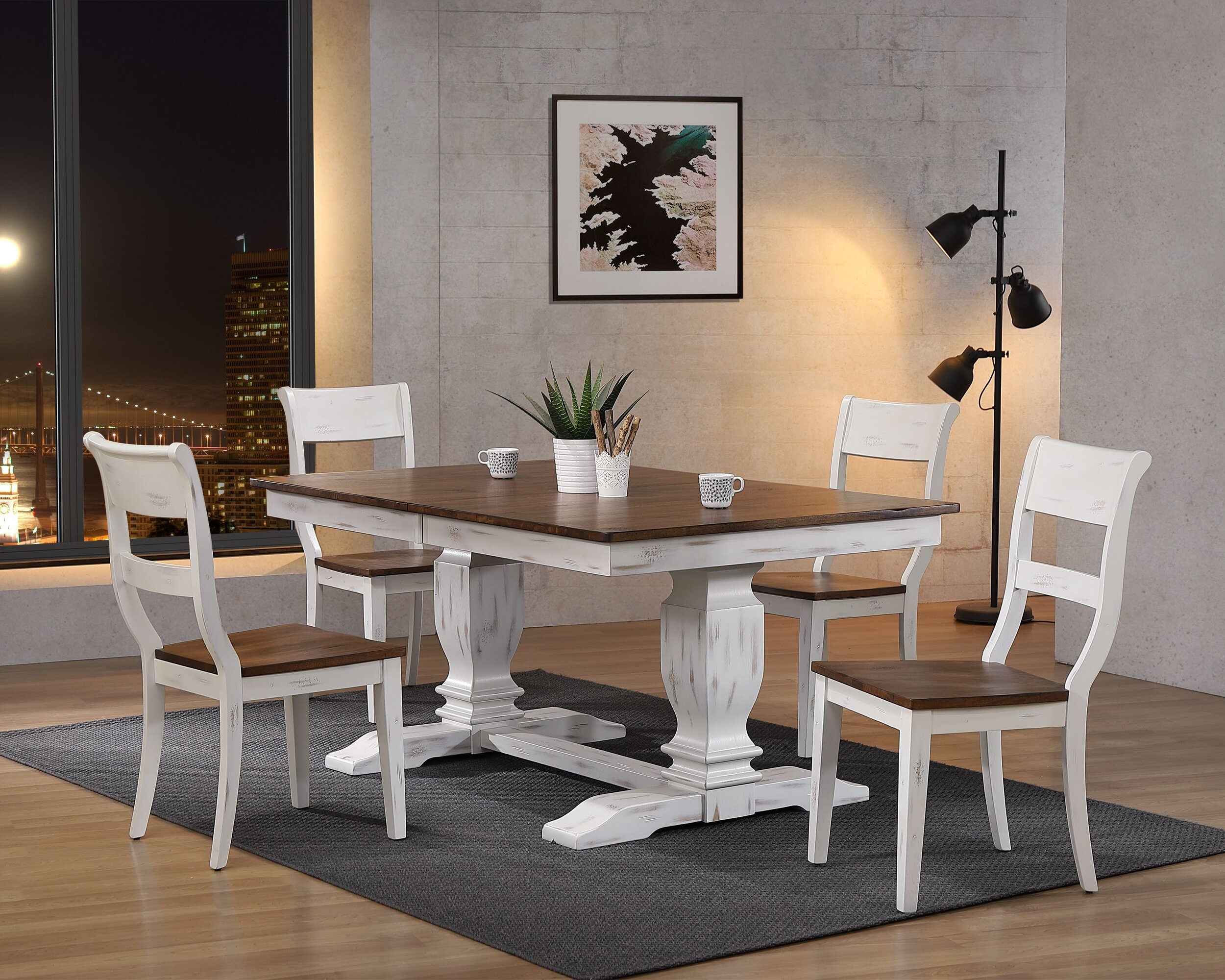 42"x64"x82" Double Pedestal Transitional Distressed Cocoa Brown/ Cotton White X-Back 5-Piece Dining Set