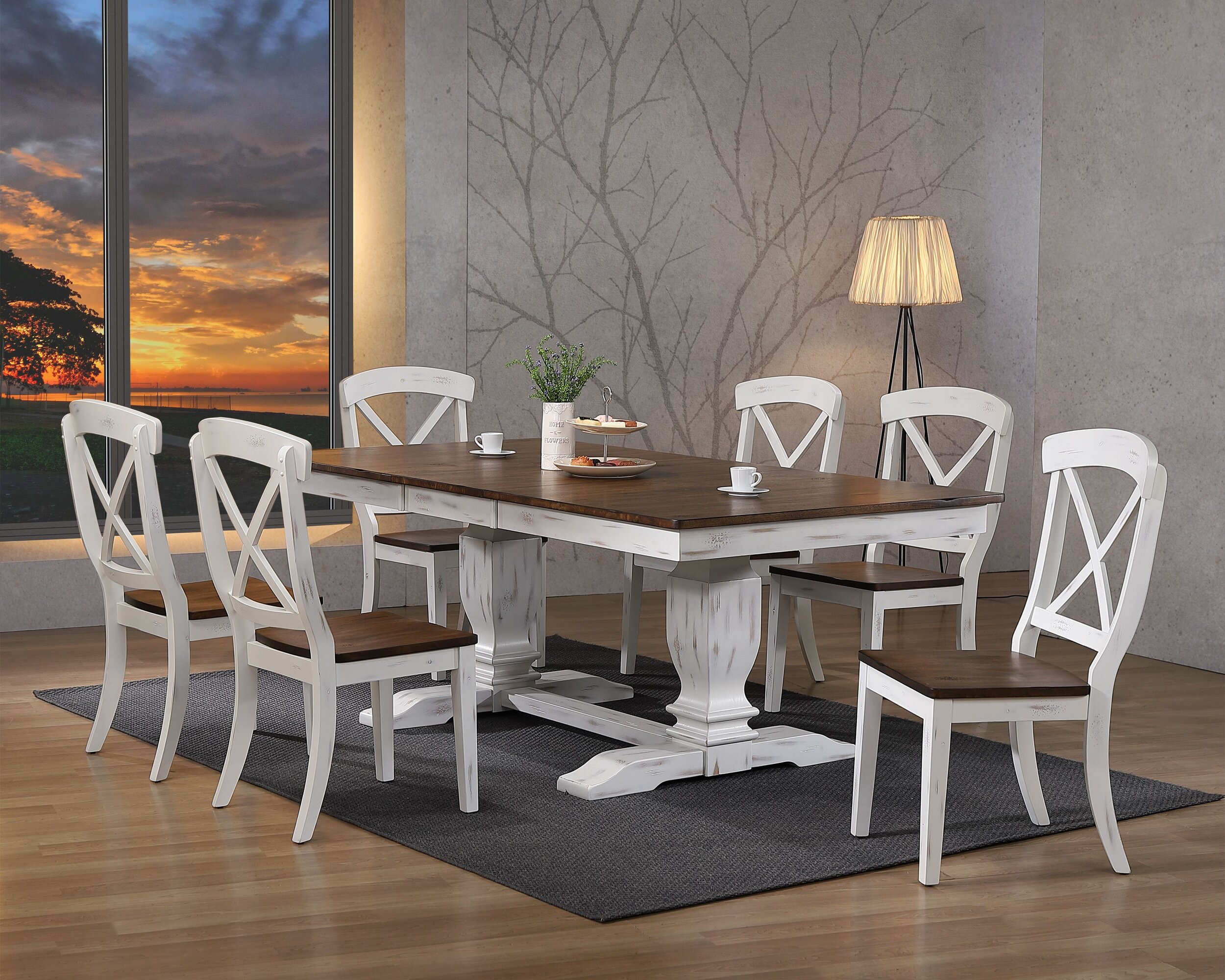 42"x64"x82" Double Pedestal Transitional Distressed Cocoa Brown/ Cotton White X-Back 7-Piece Dining Set