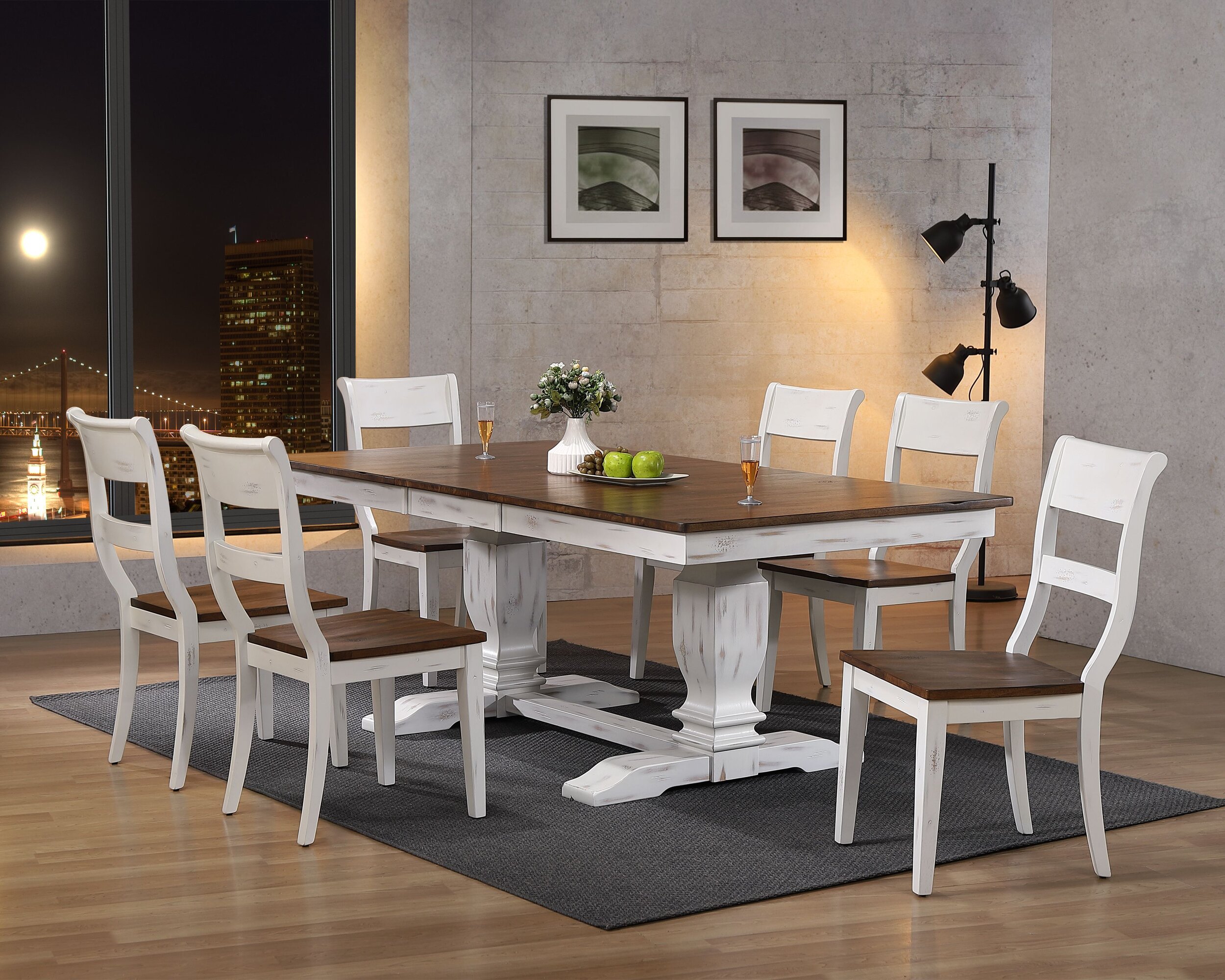 42"x64"x82" Double Pedestal Transitional Distressed Cocoa Brown/ Cotton White X-Back 7-Piece Dining Set