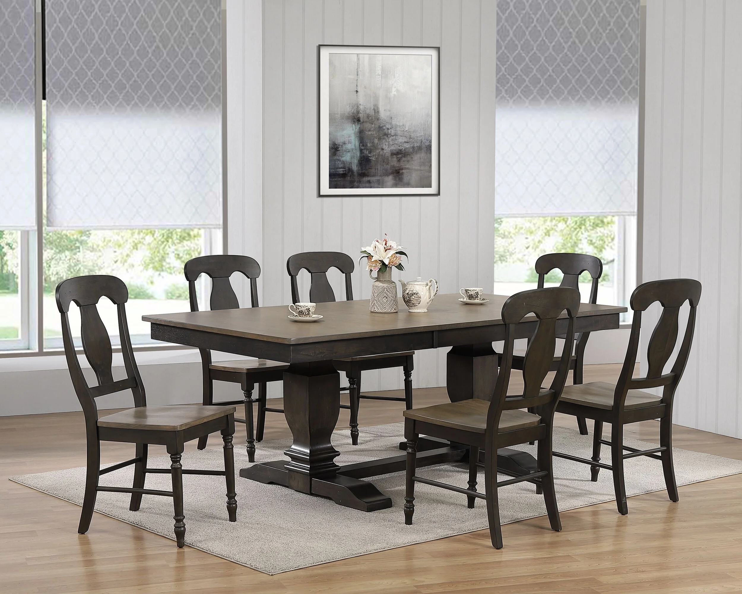 42"X64"X82" DOUBLE PEDESTAL TRANSITIONAL ANTIQUED GREY STONE BLACK STONE NAPOLEON BACK 7-PIECE DINING SET