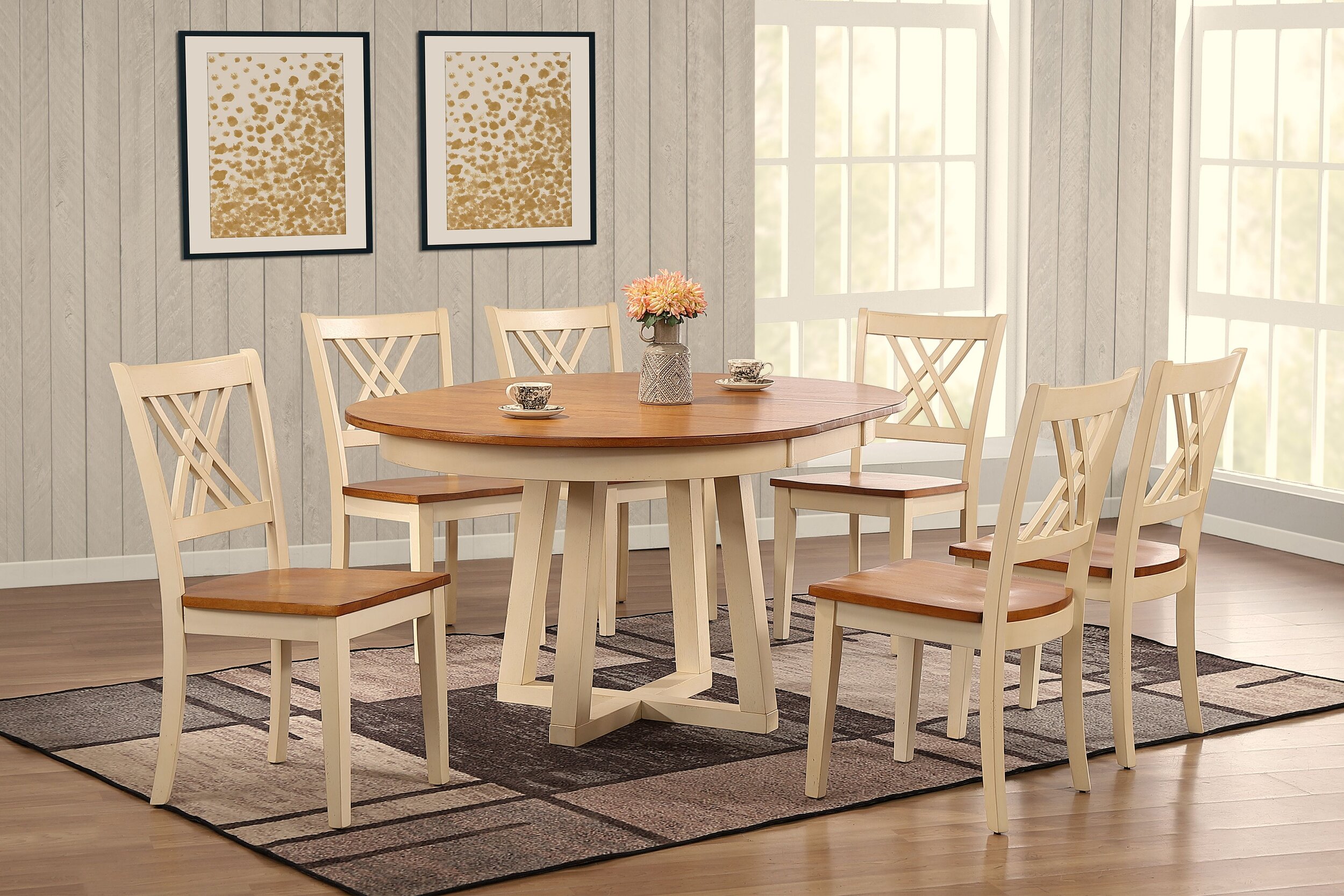 45"x45"x63" Antiqued Caramel Biscotti Double X-Back 7-Piece Cross Pedestal Dining Set