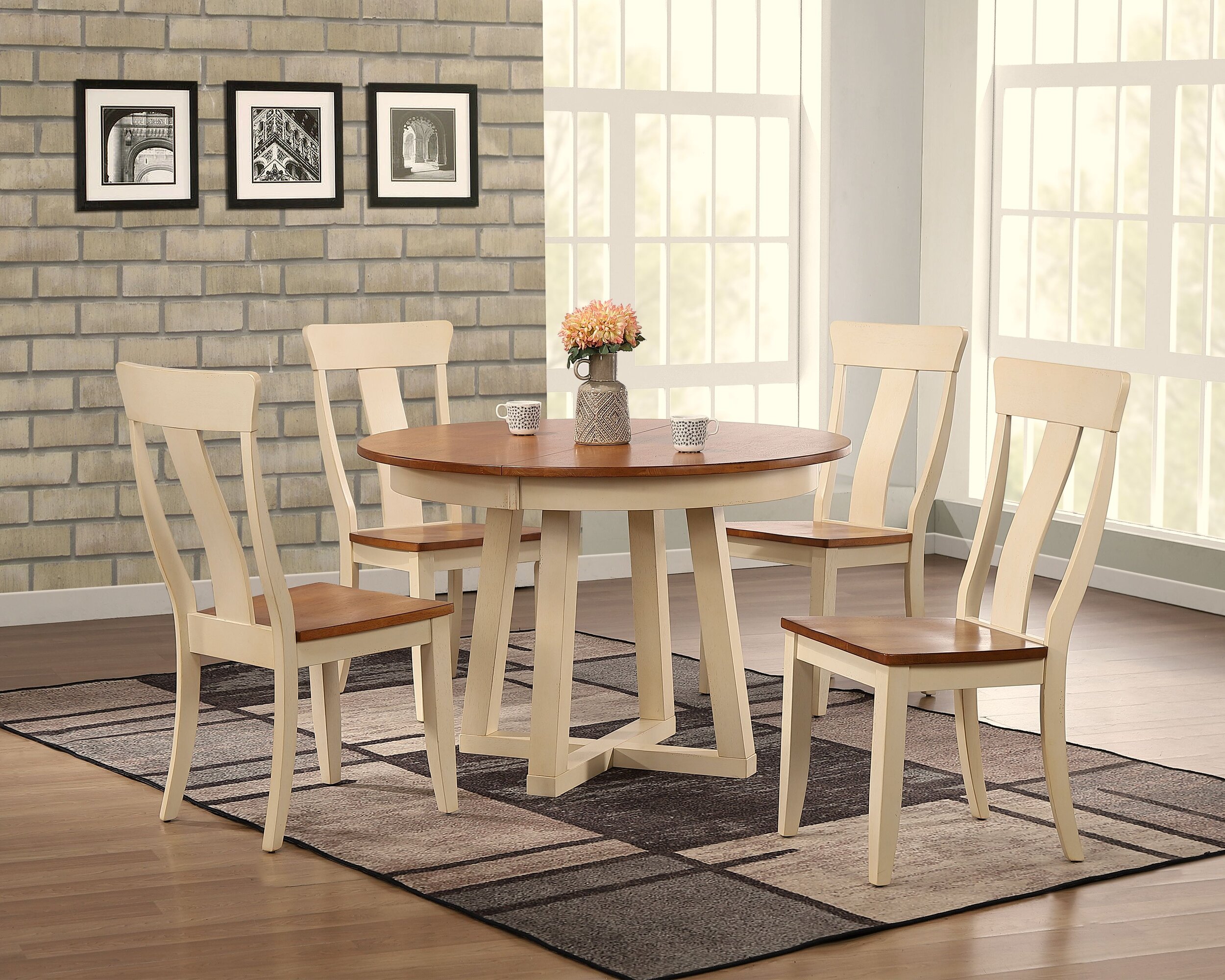 45"x45"x63" Antiqued Caramel Biscotti Panel Back 5-Piece Cross Pedestal Dining Set
